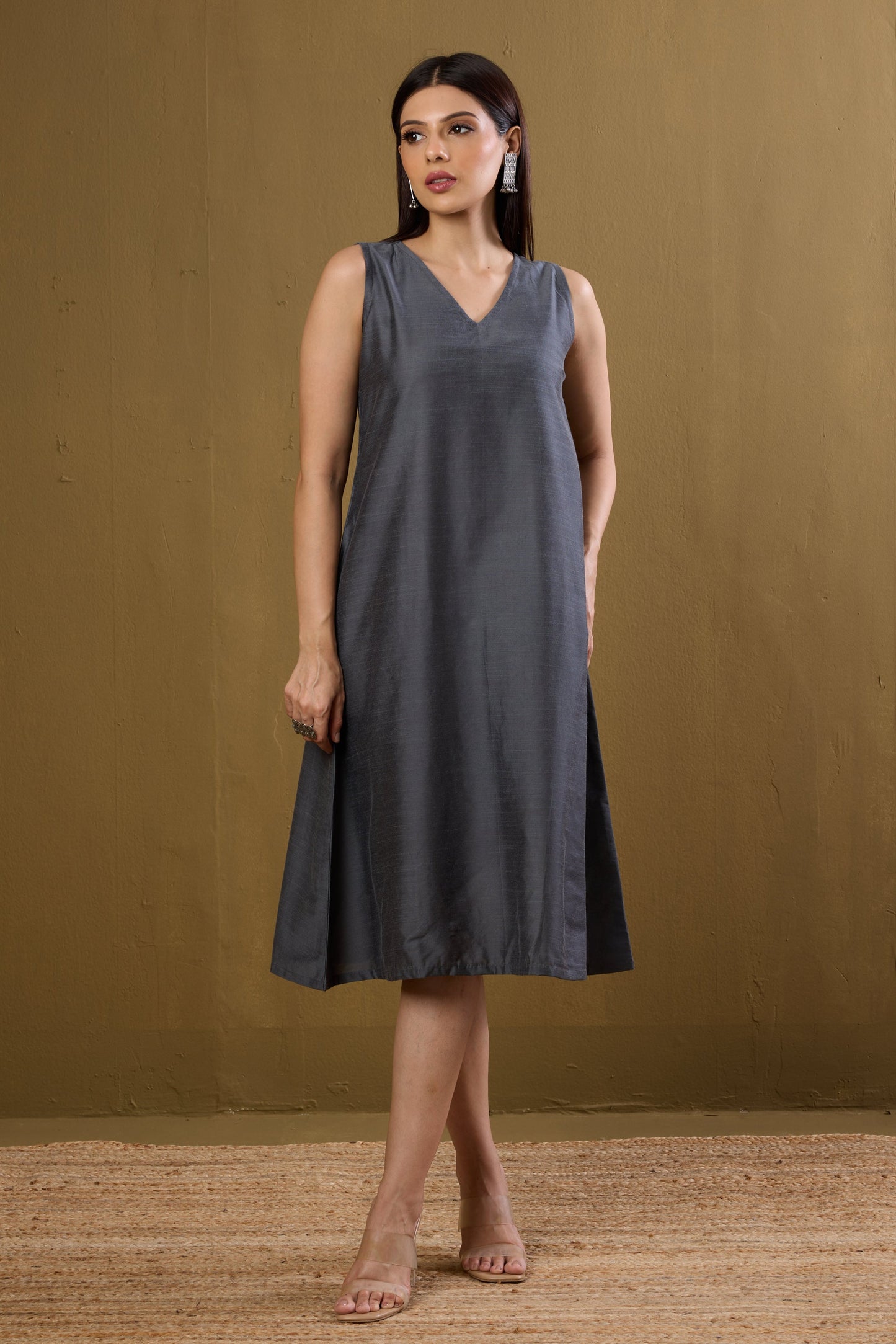 Maati Craft Gulabi Moonlit Grey Silk Slub Sleeveless V-Neck Dress