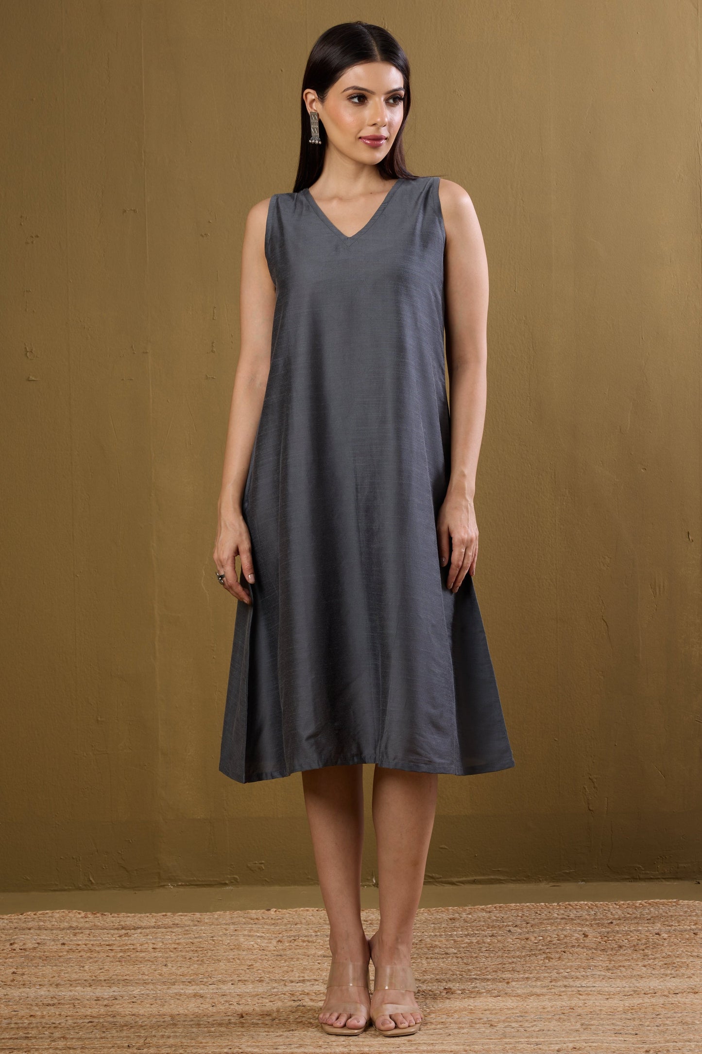 Maati Craft Gulabi Moonlit Grey Silk Slub Sleeveless V-Neck Dress