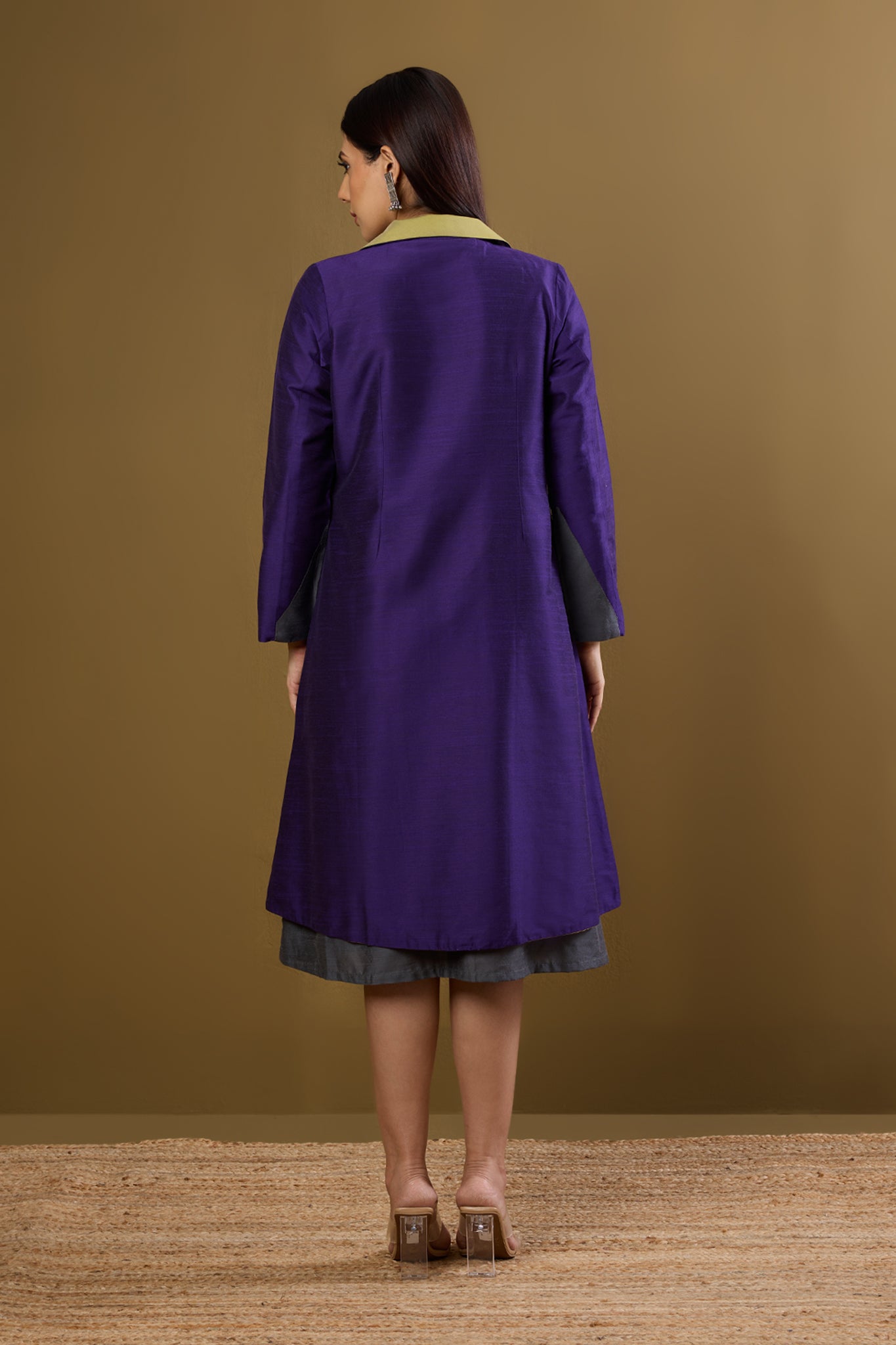 Maati Craft Gulabi Amethyst Dawn & Lime Dusk Silk Slub Luxe Revesible Patch Pocket Blazer Dress