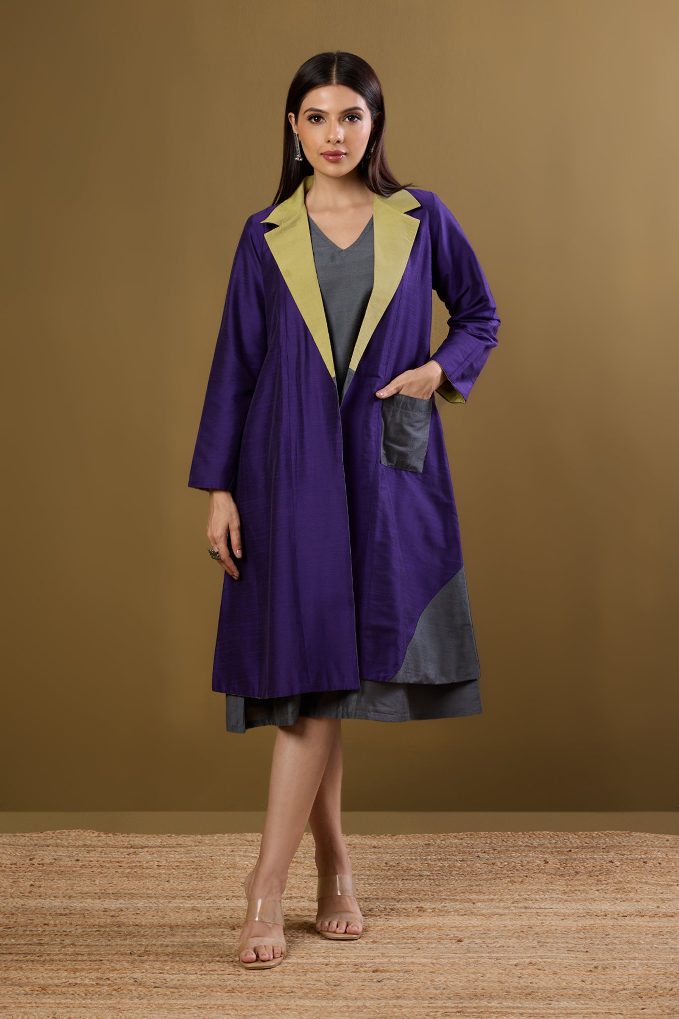 Maati Craft Gulabi Amethyst Dawn & Lime Dusk Silk Slub Luxe Revesible Patch Pocket Blazer Dress