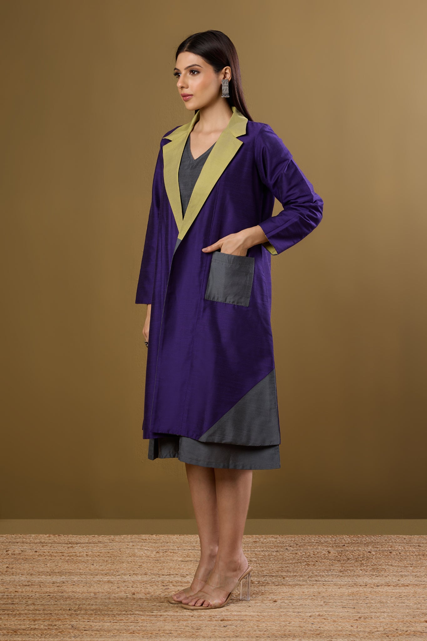 Maati Craft Gulabi Amethyst Dawn & Lime Dusk Silk Slub Luxe Revesible Patch Pocket Blazer Dress