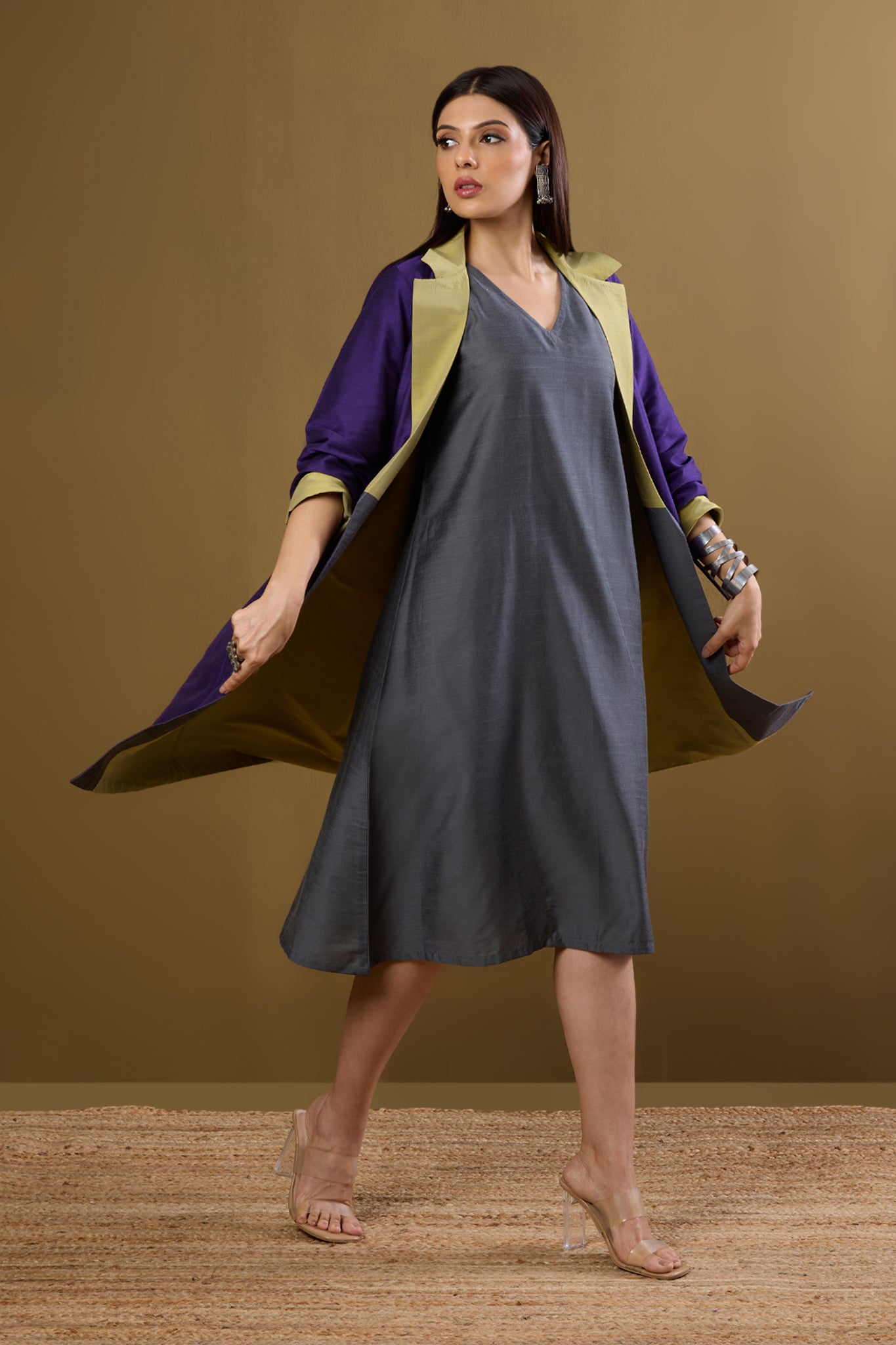 Maati Craft Gulabi Amethyst Dawn & Lime Dusk Silk Slub Luxe Revesible Patch Pocket Blazer Dress