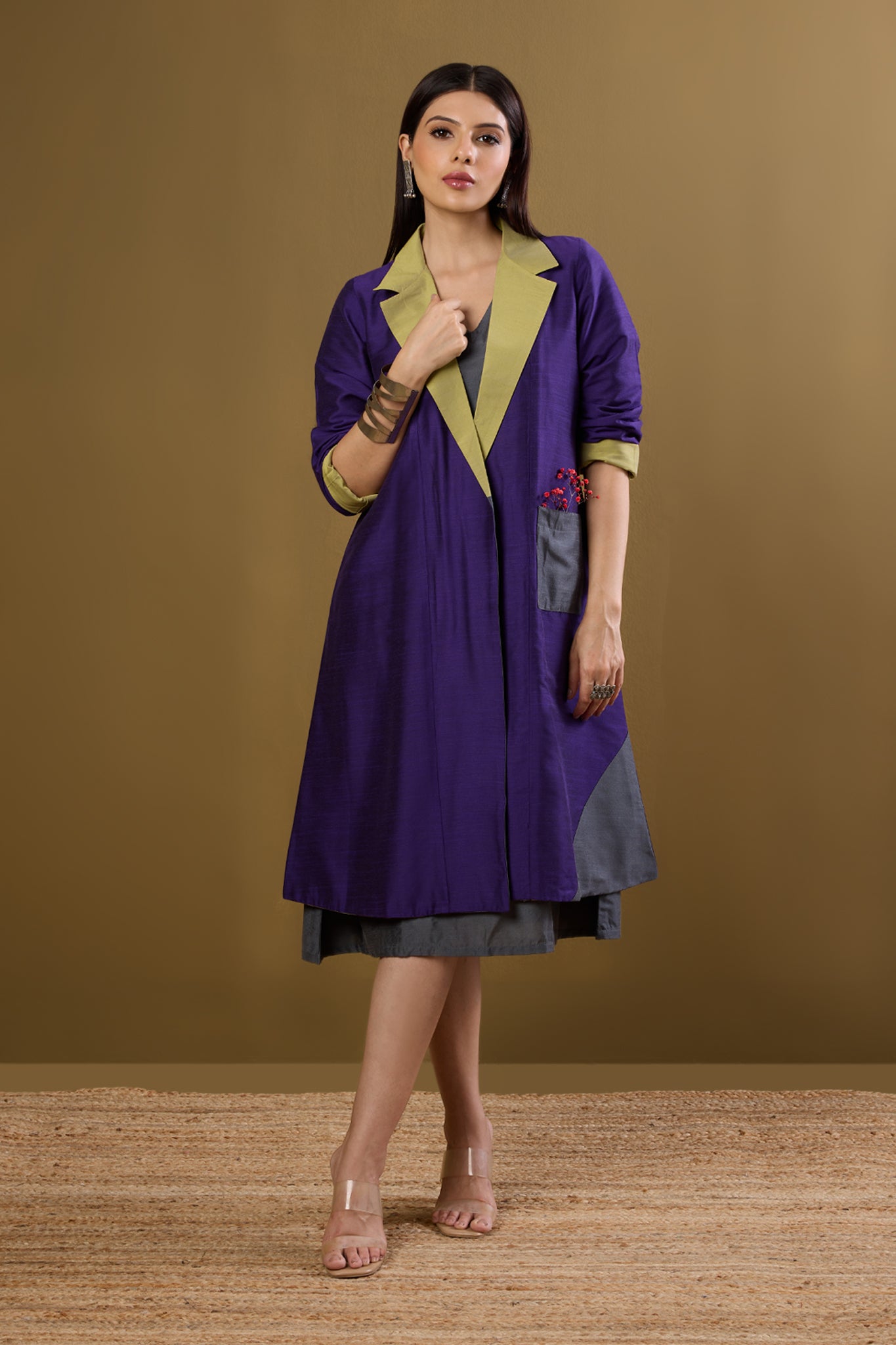 Maati Craft Gulabi Amethyst Dawn & Lime Dusk Silk Slub Luxe Revesible Patch Pocket Blazer Dress