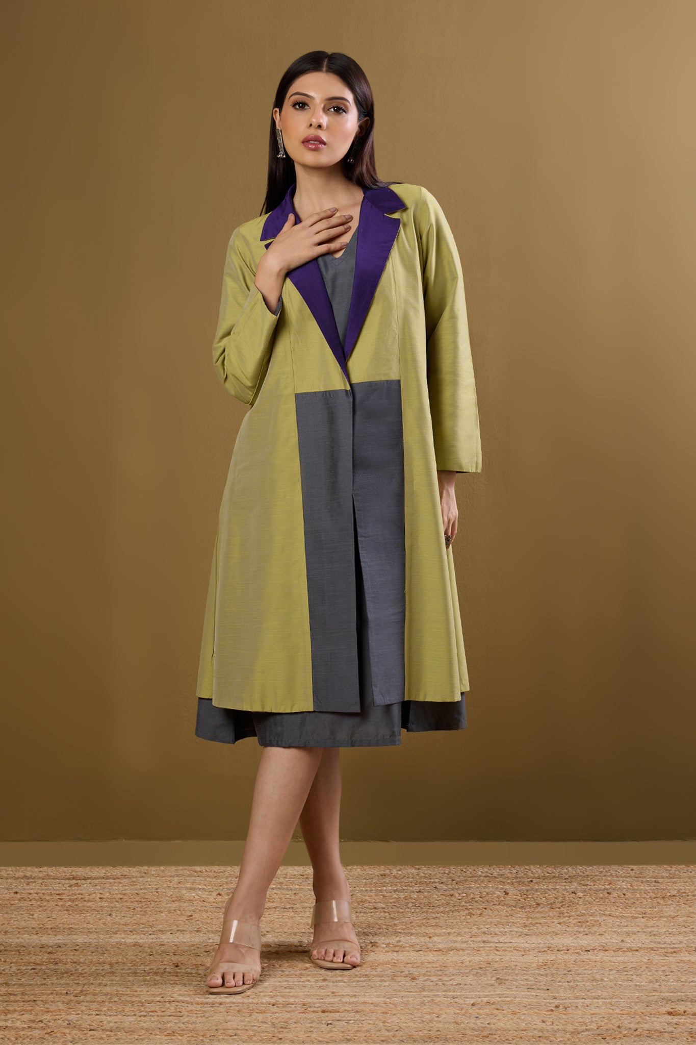 Maati Craft Gulabi Amethyst Dawn & Lime Dusk Silk Slub Luxe Revesible Patch Pocket Blazer Dress