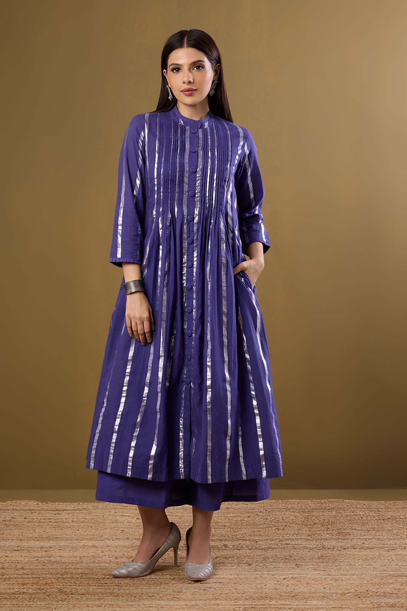 Maati Craft Amethyst Gleam Pleated Pintuck Button Down Dress