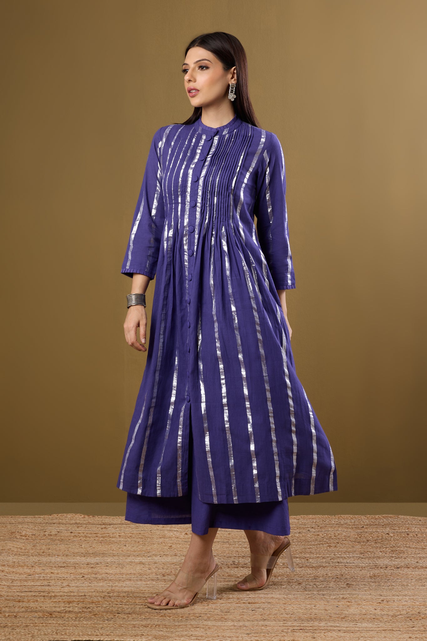 Maati Craft Amethyst Gleam Pleated Pintuck Button Down Dress