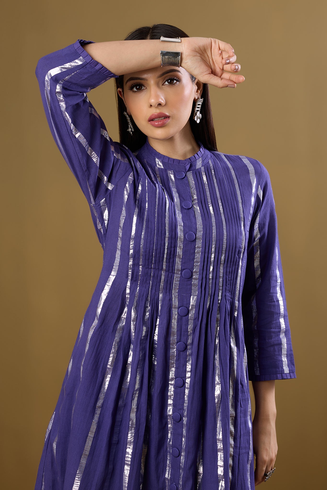 Maati Craft Amethyst Gleam Pleated Pintuck Button Down Dress