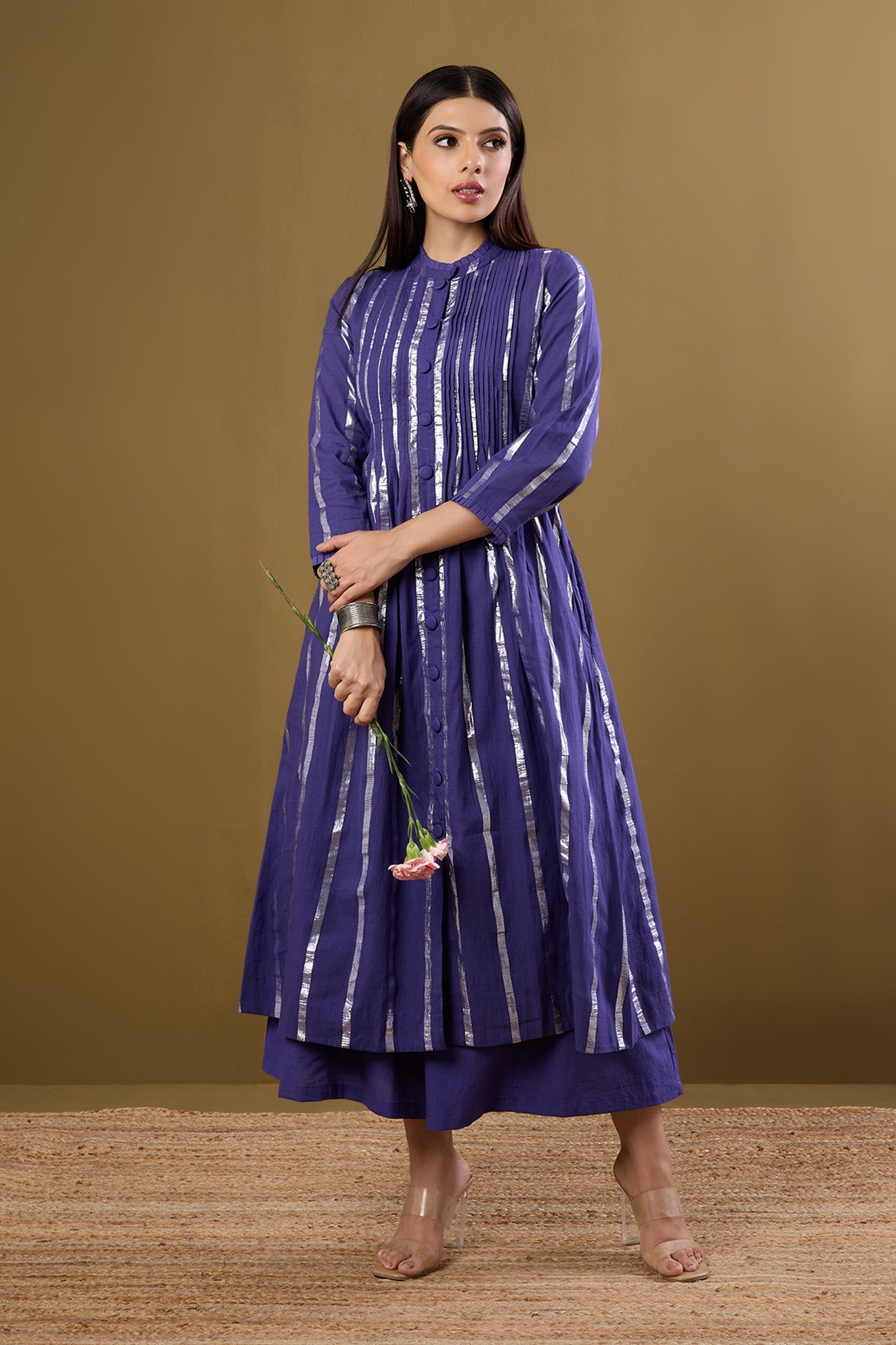 Maati Craft Amethyst Gleam Pleated Pintuck Button Down Dress