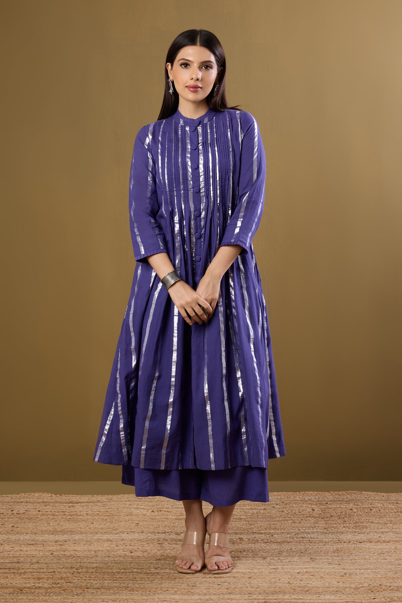 Maati Craft Amethyst Gleam Pleated Pintuck Button Down Dress