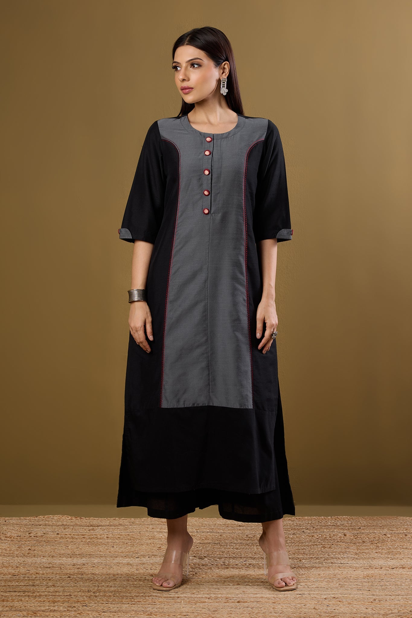 Maati Craft Ink and Ember Luxe Long Panelled Kurta with Slit