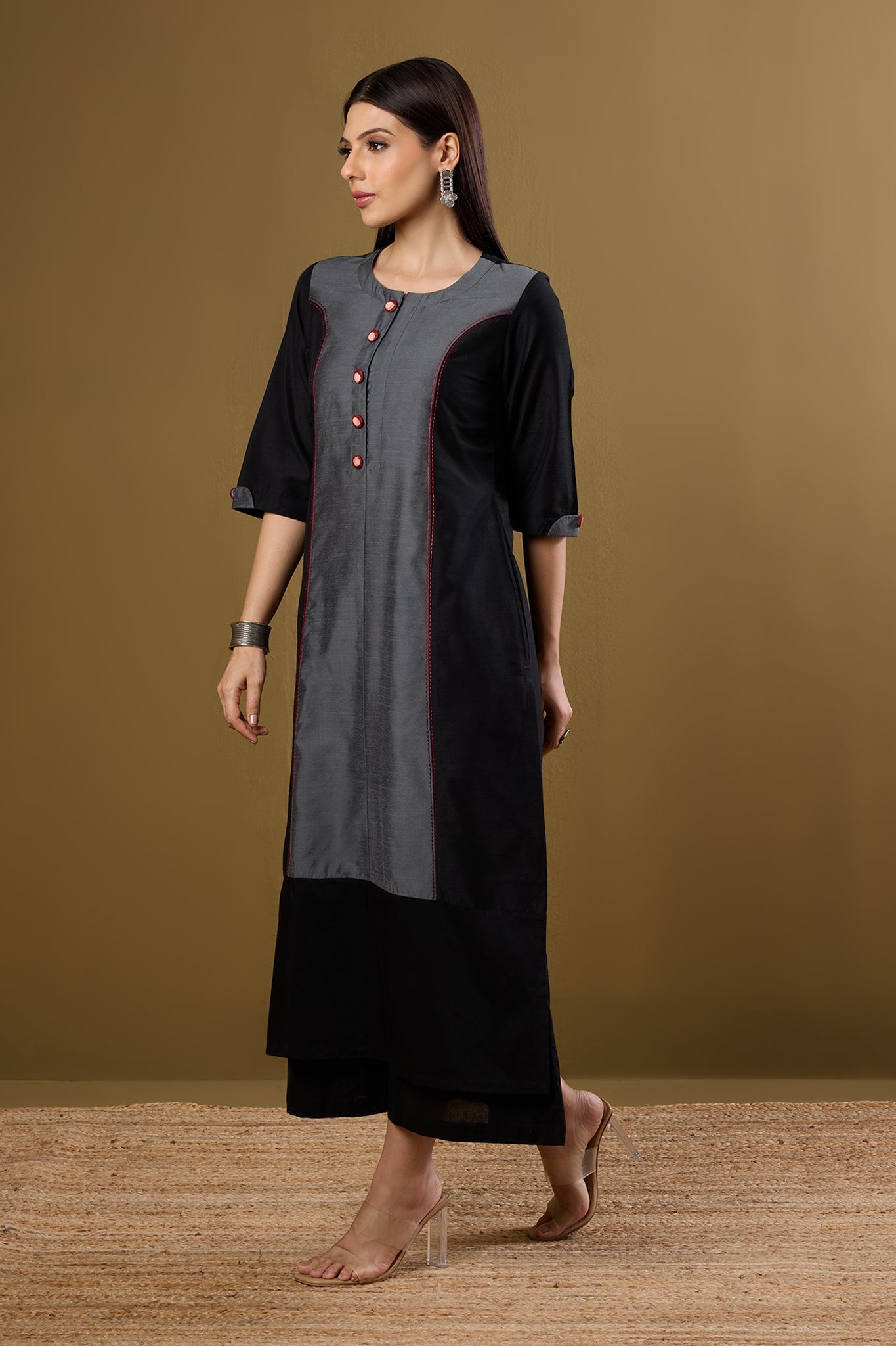 Maati Craft Ink and Ember Luxe Long Panelled Kurta with Slit