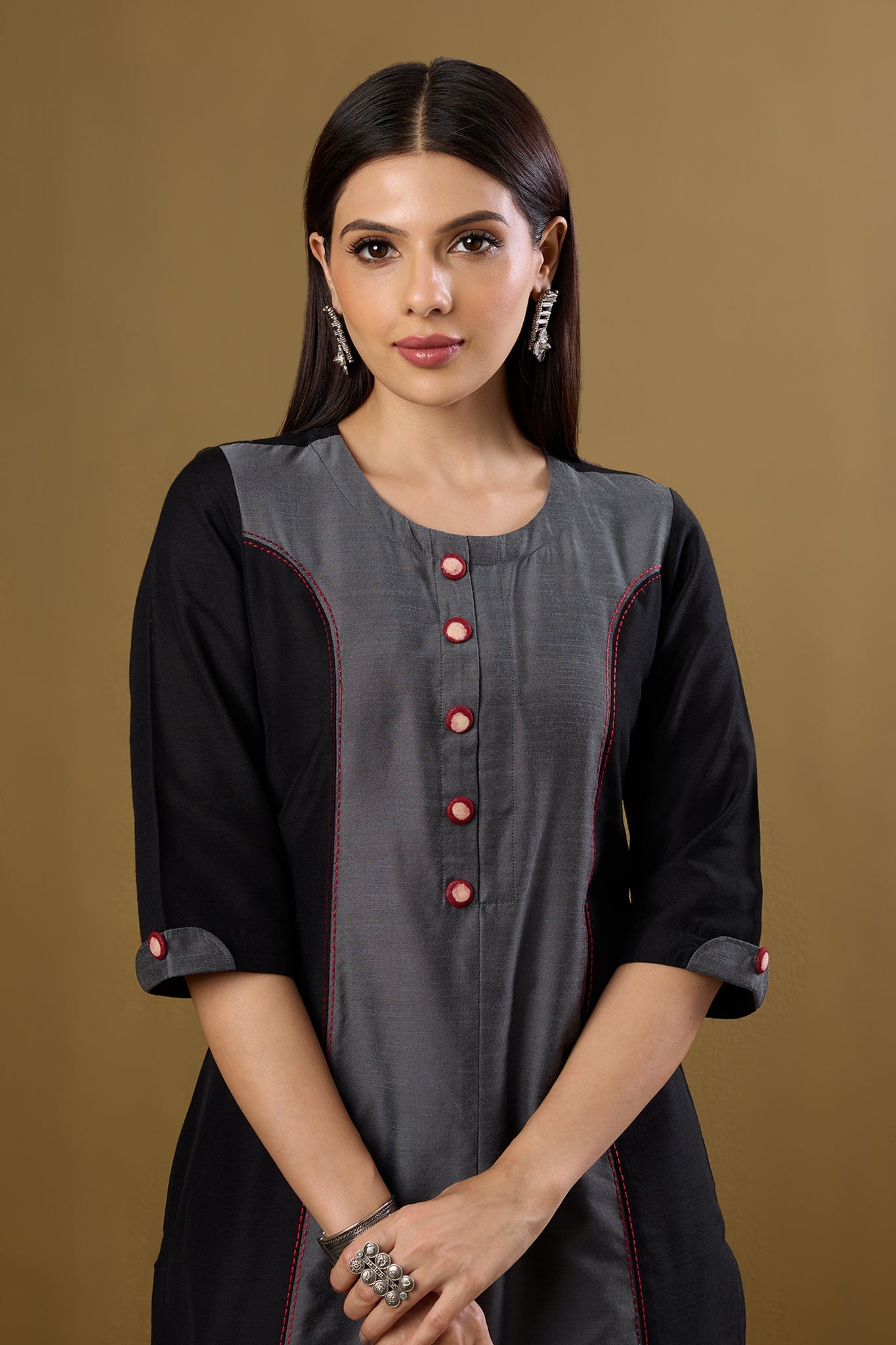 Maati Craft Ink and Ember Luxe Long Panelled Kurta with Slit