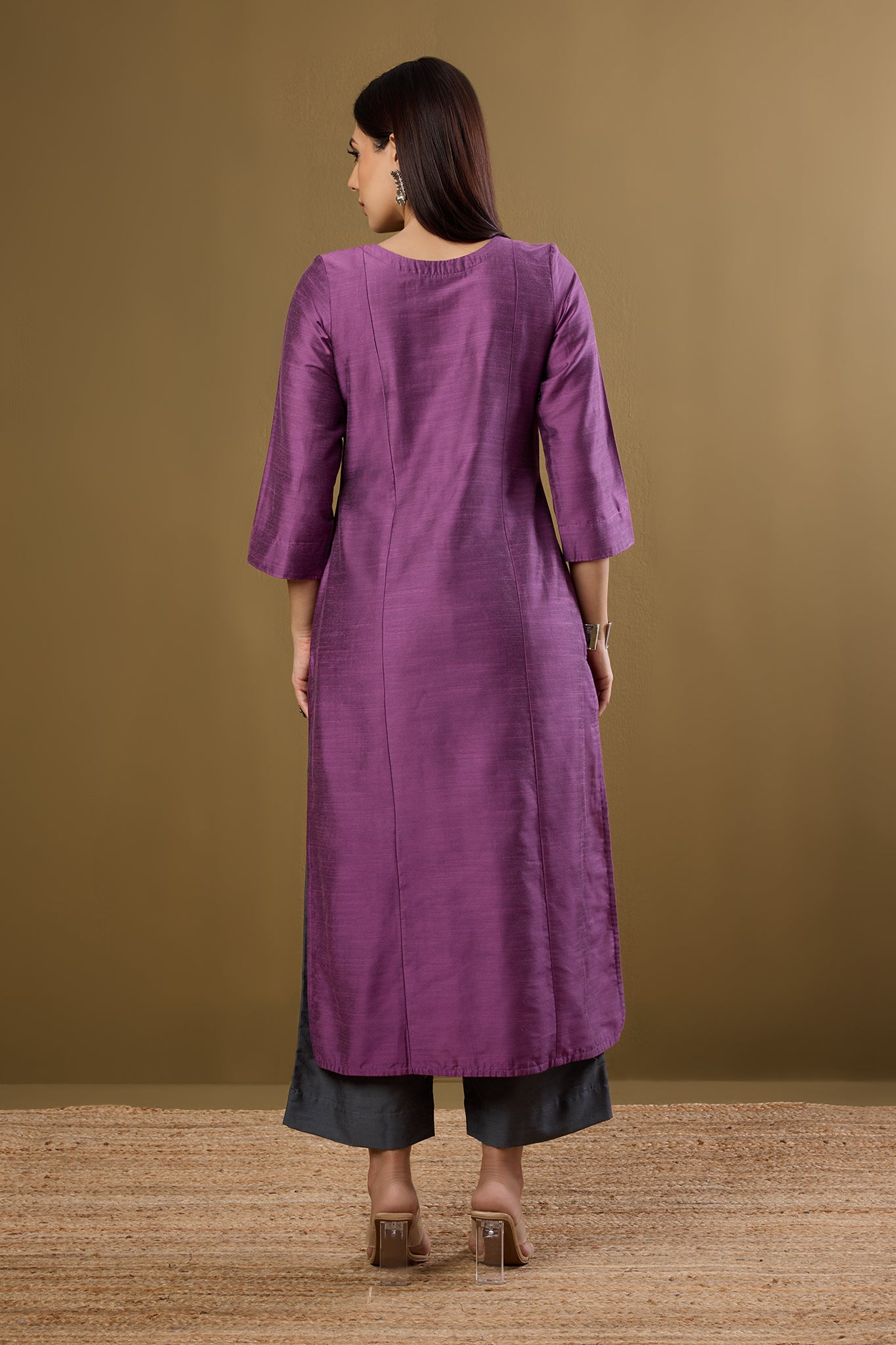 Maati Craft Blossoms in Dustlight Long Luxe Silk Slub Kurta with Yoke & Slit