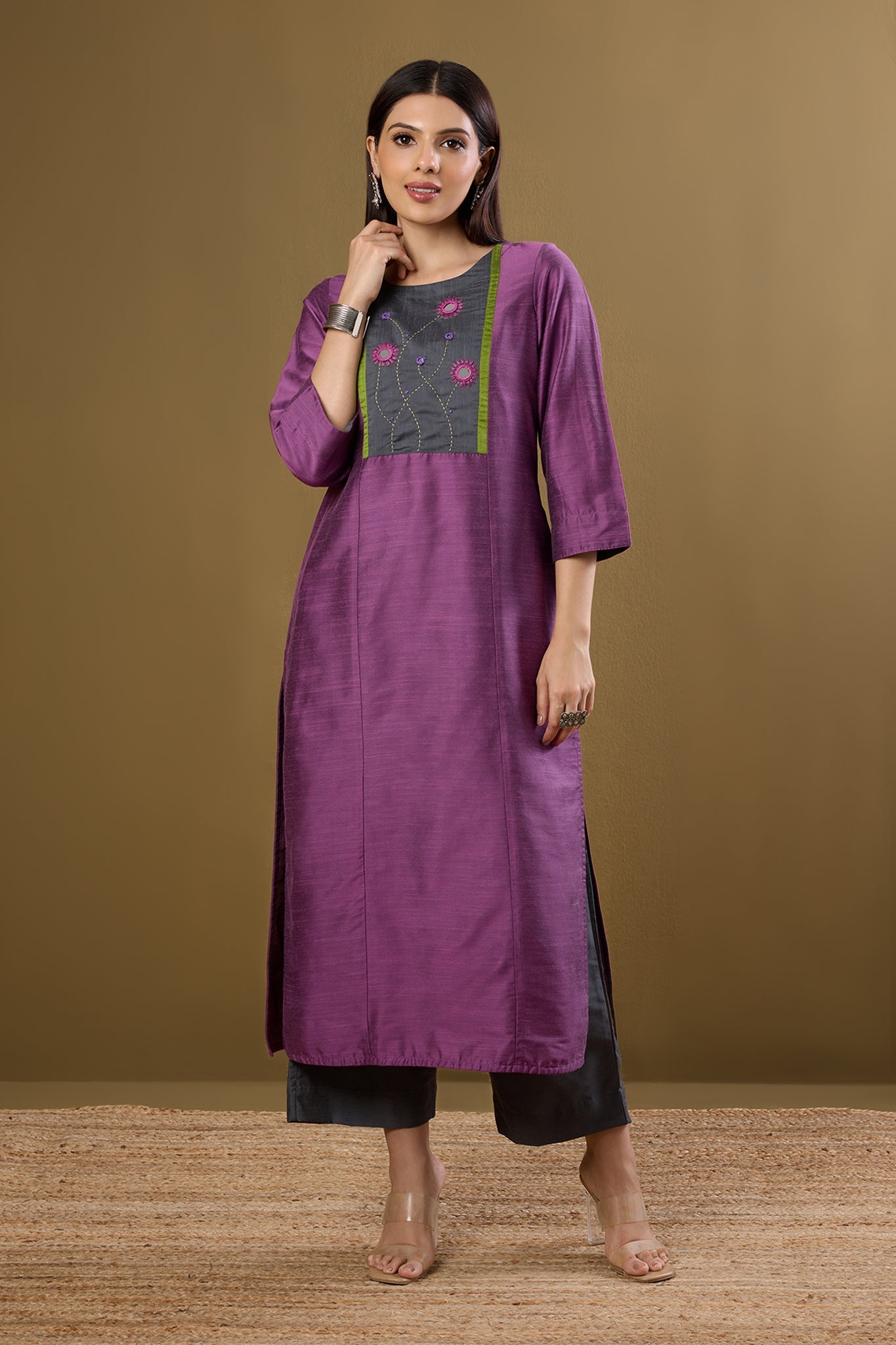 Maati Craft Blossoms in Dustlight Long Luxe Silk Slub Kurta with Yoke & Slit