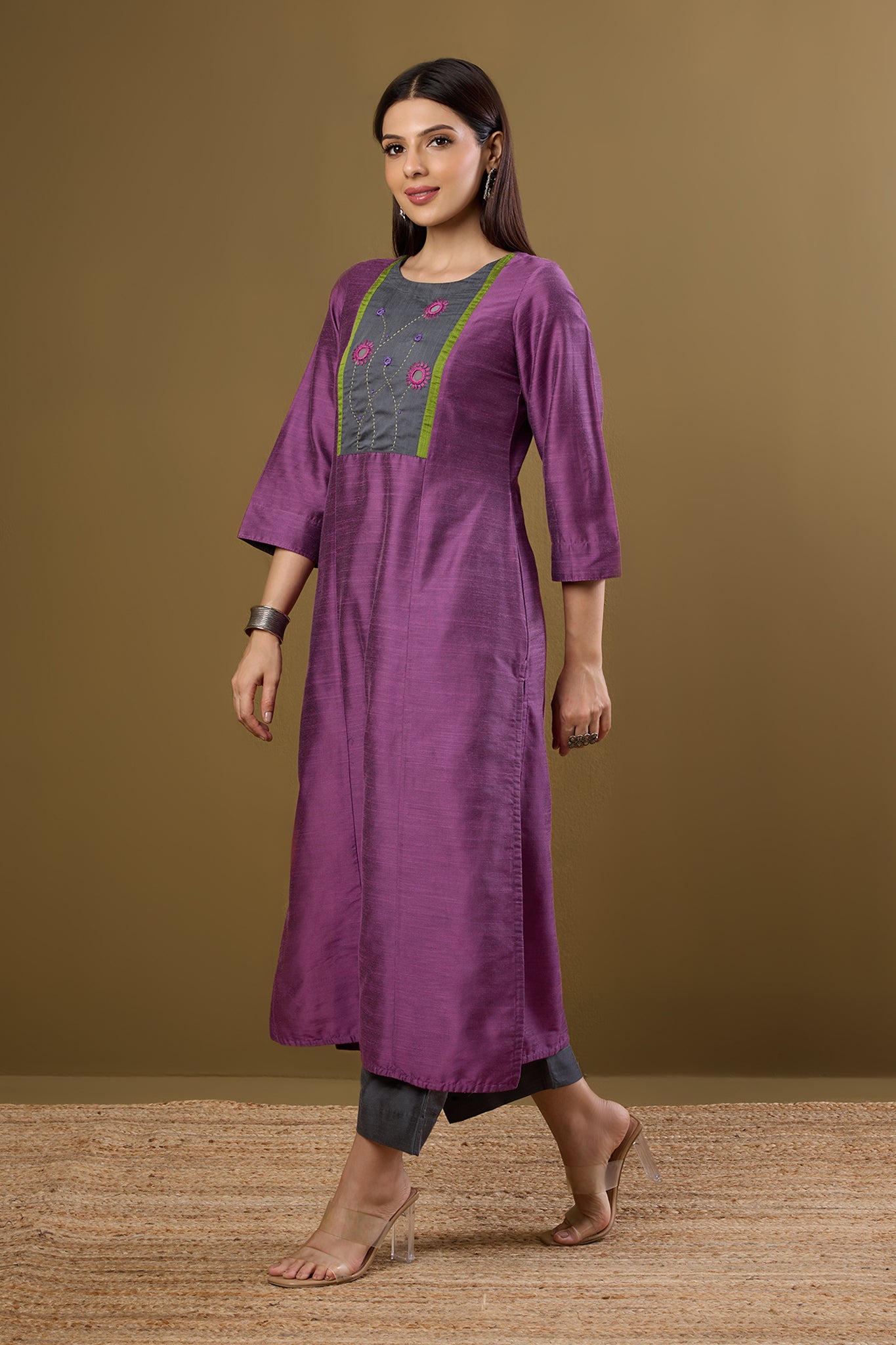 Maati Craft Blossoms in Dustlight Long Luxe Silk Slub Kurta with Yoke & Slit