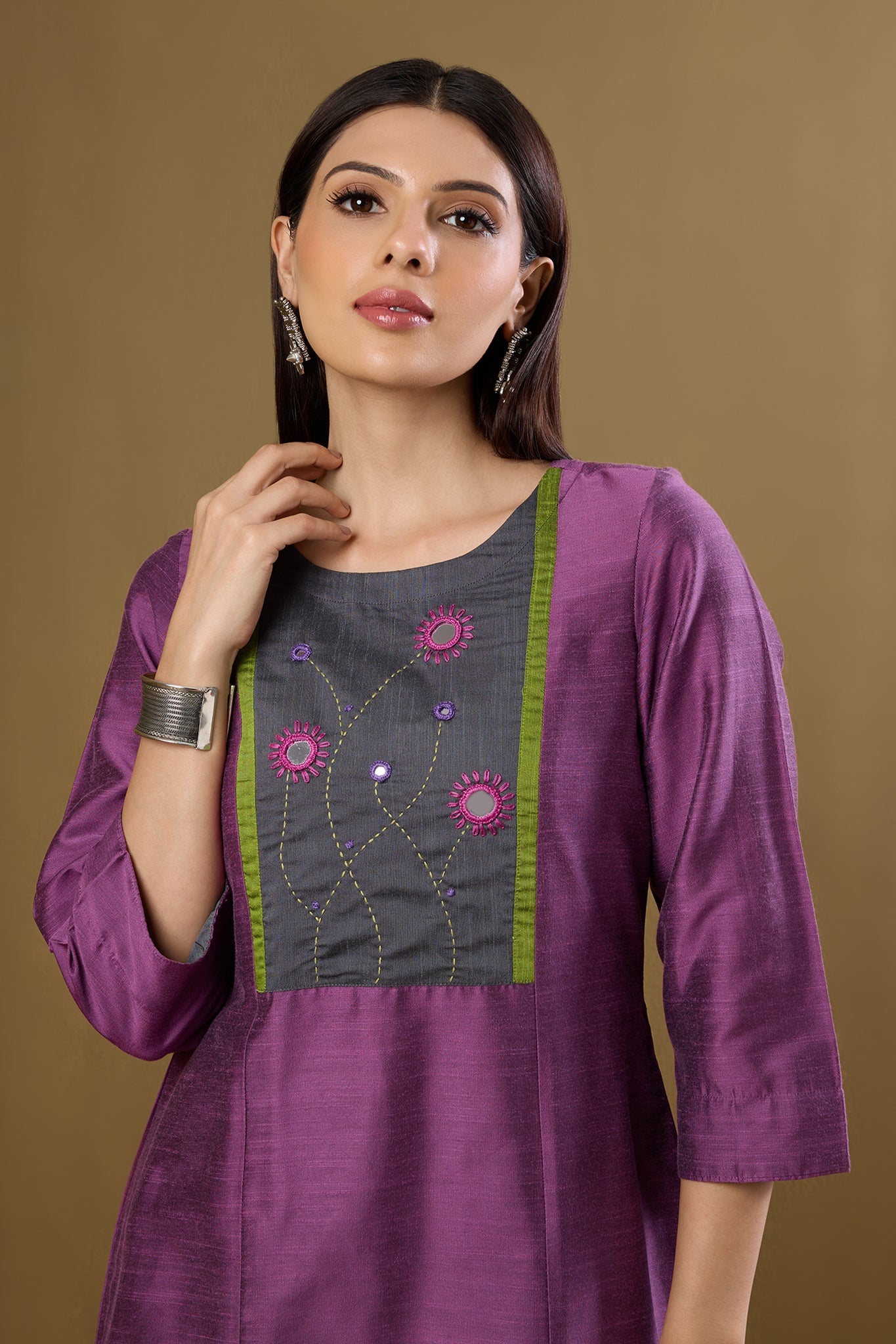 Maati Craft Blossoms in Dustlight Long Luxe Silk Slub Kurta with Yoke & Slit