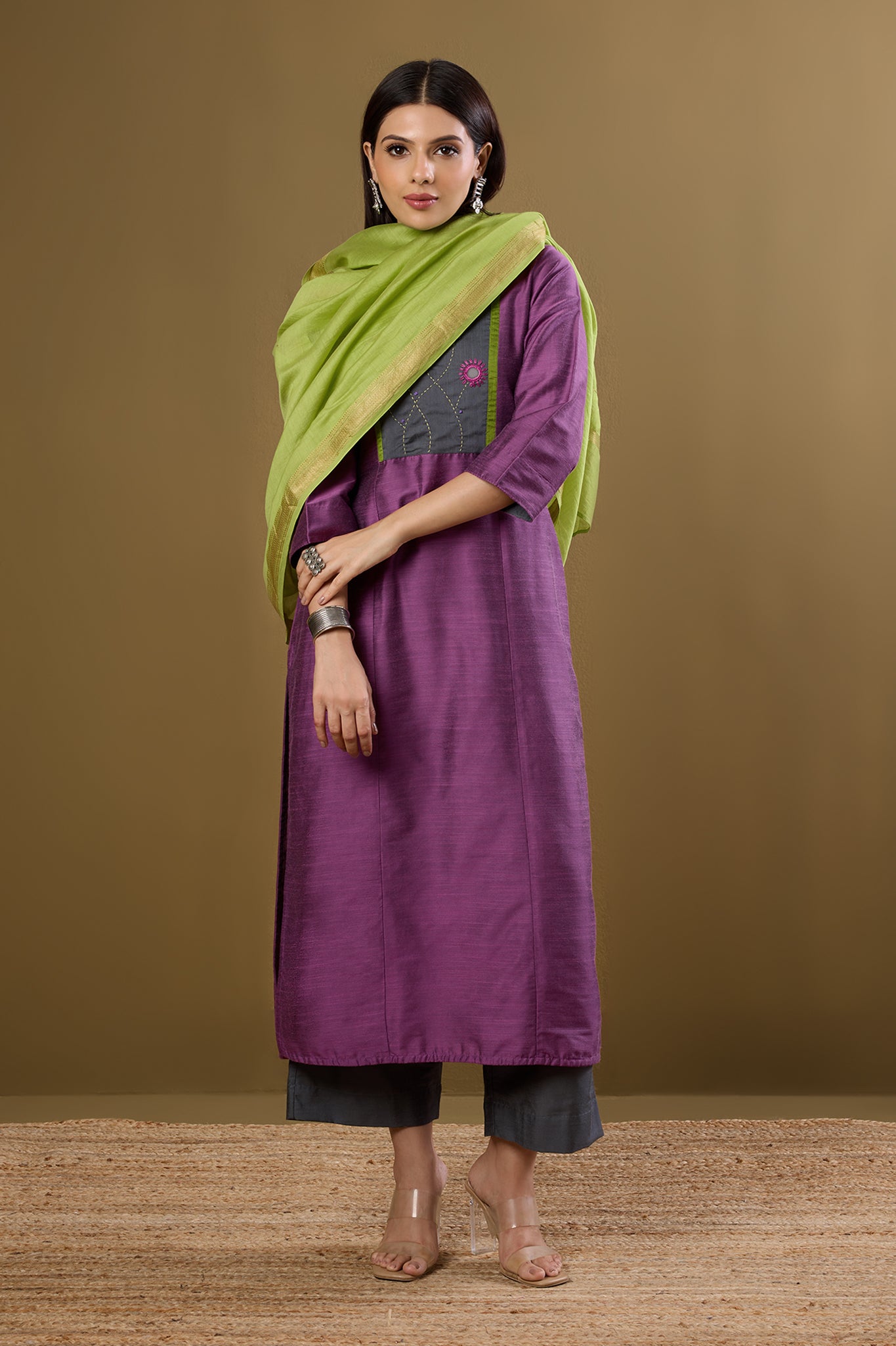 Maati Craft Blossoms in Dustlight Long Luxe Silk Slub Kurta with Yoke & Slit