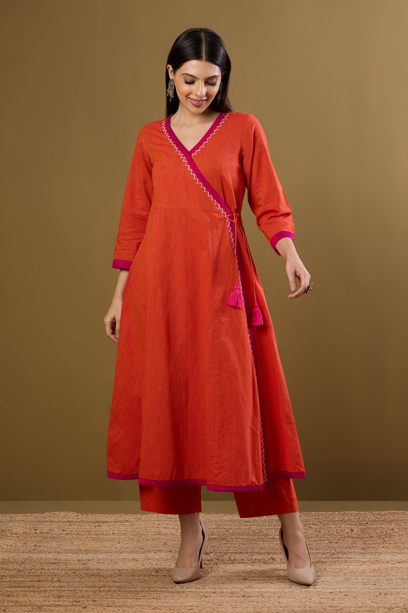 Maati Craft Tie-Up Angrakha Kurta Tangerine Tint & Rani Pop