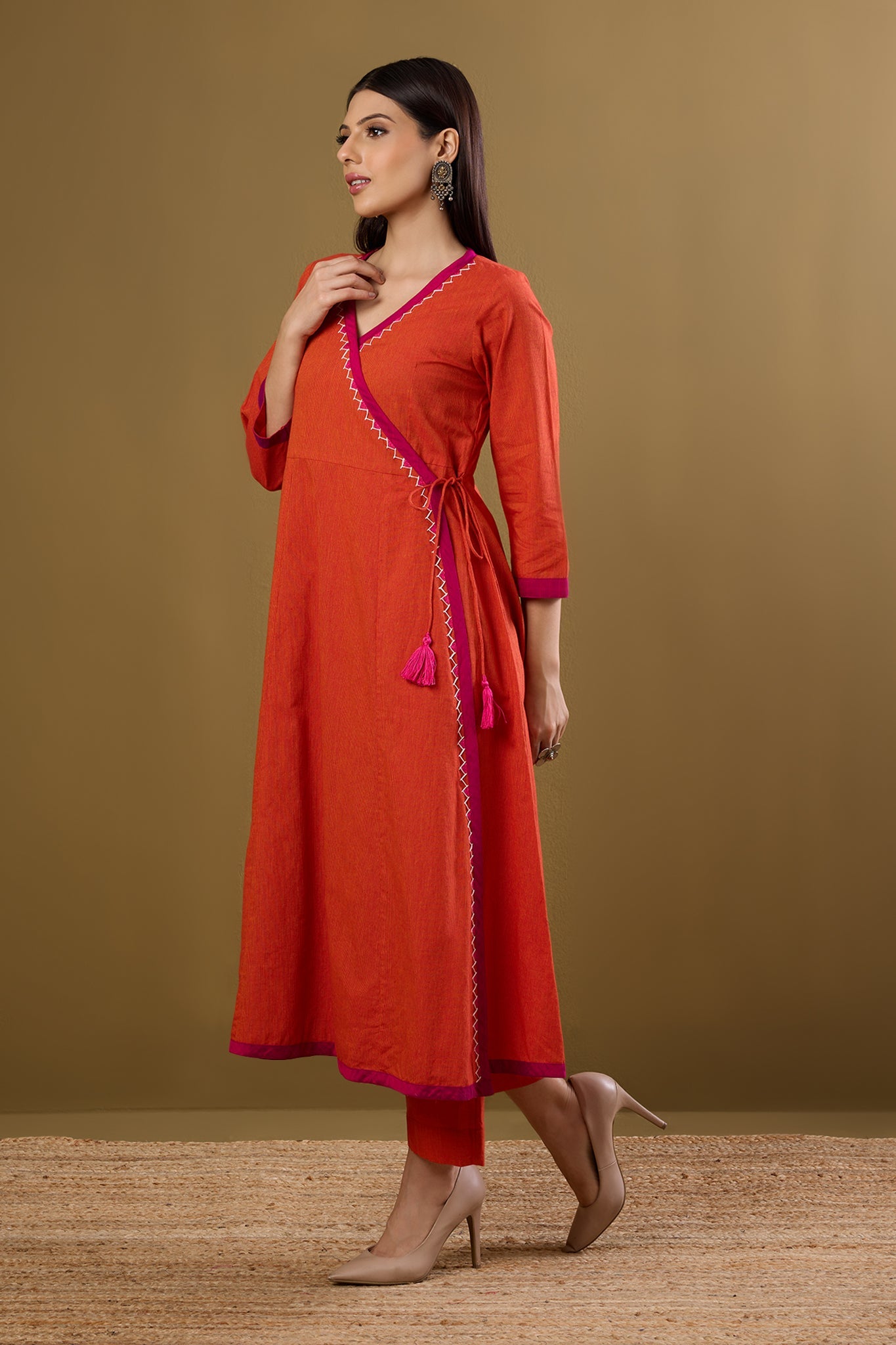 Maati Craft Tie-Up Angrakha Kurta Tangerine Tint & Rani Pop