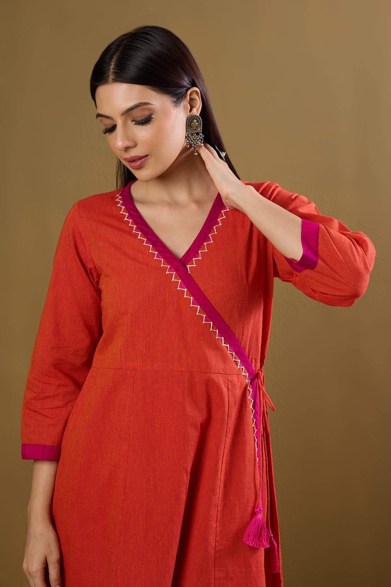 Maati Craft Tie-Up Angrakha Kurta Tangerine Tint & Rani Pop