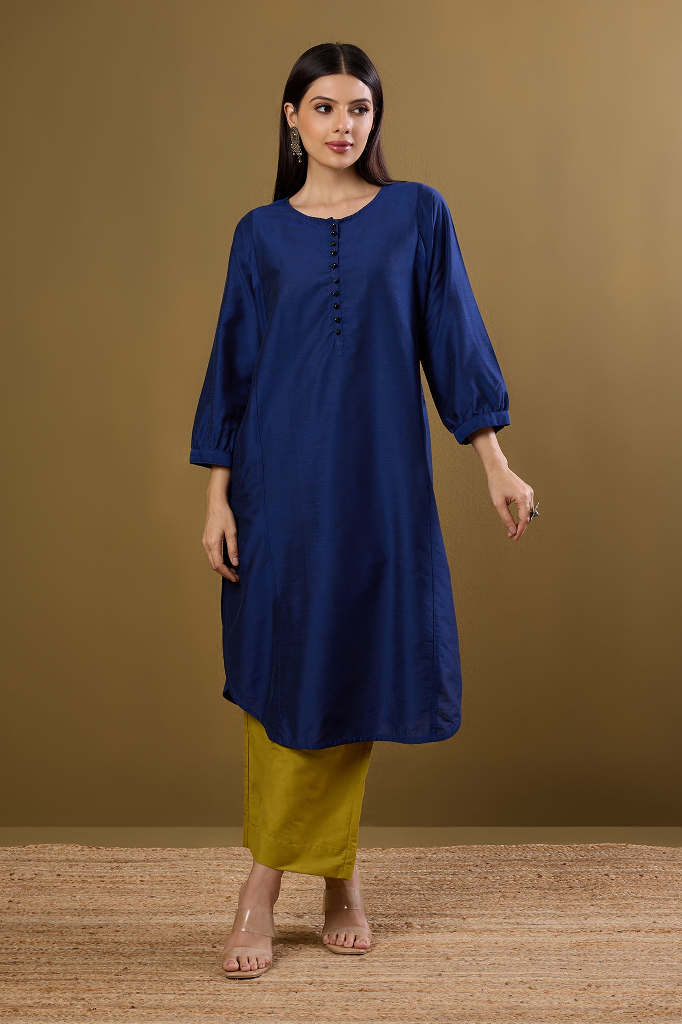 Maati Craft Deep Ink Round Hemline Silk Slub Kurta