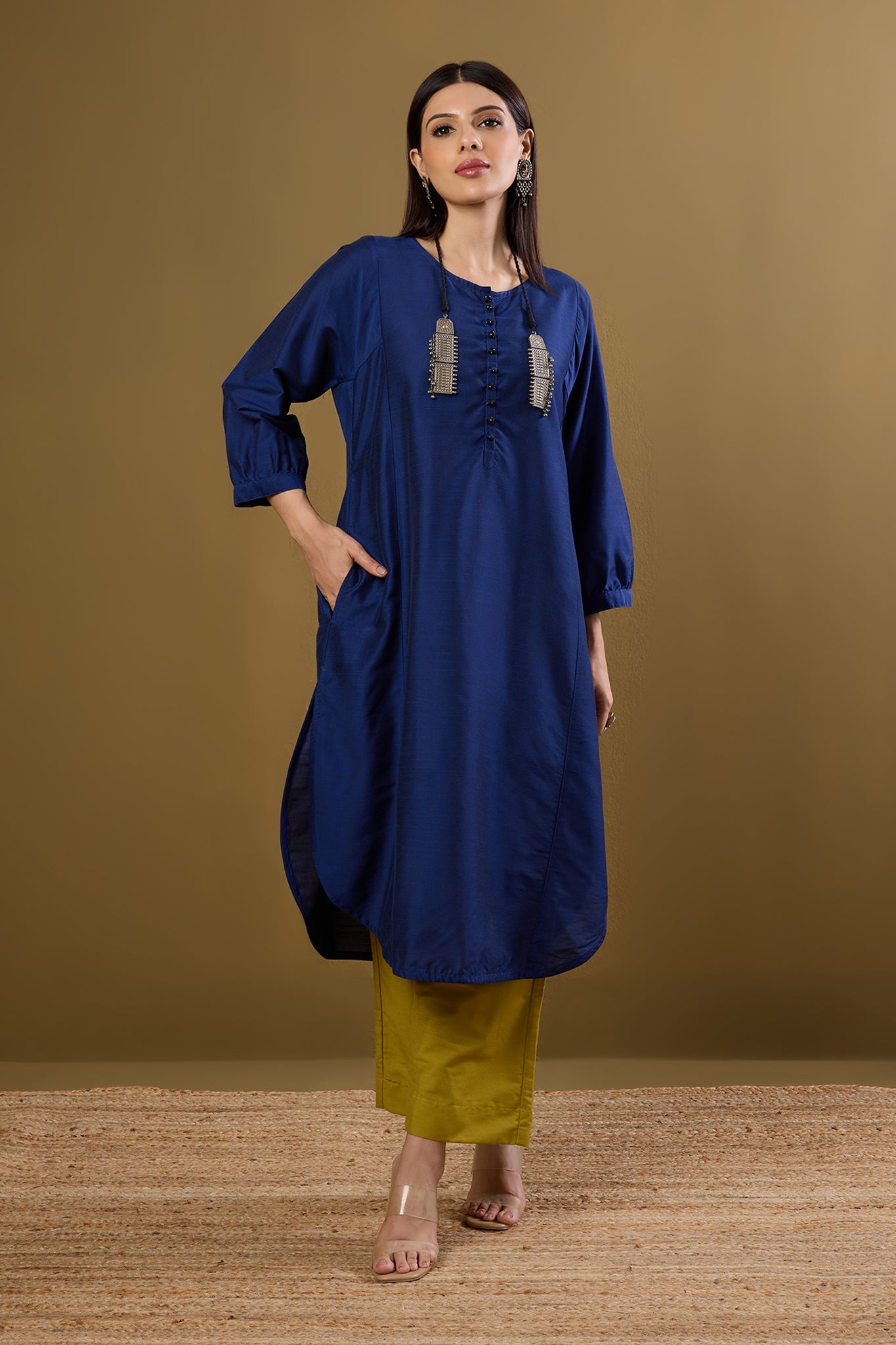 Maati Craft Deep Ink Round Hemline Silk Slub Kurta
