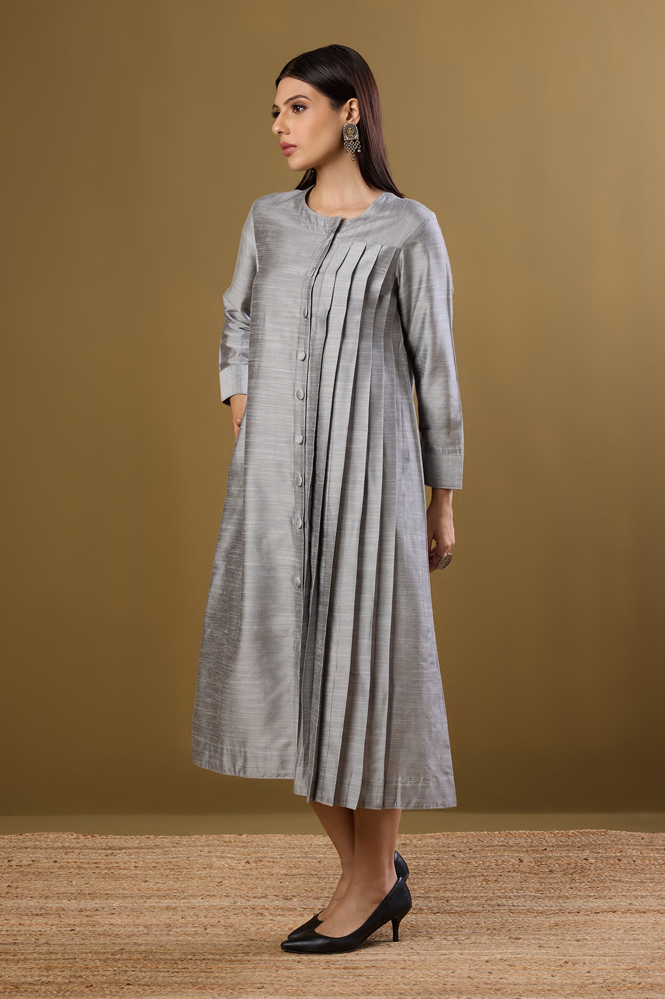 Maati Craft Moonlit Silver Silk Slub One Side Pleated Button Down Dress