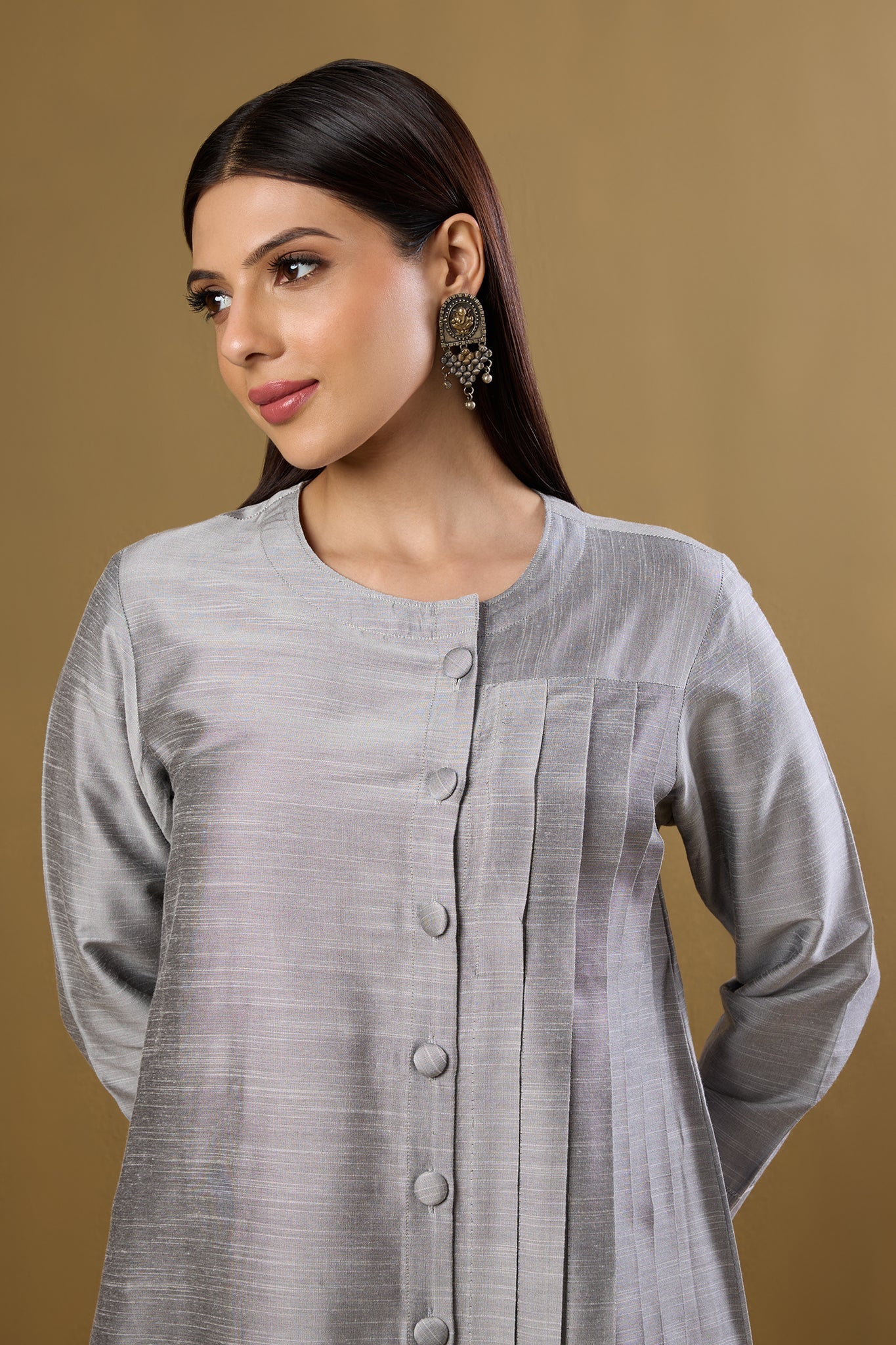 Maati Craft Moonlit Silver Silk Slub One Side Pleated Button Down Dress