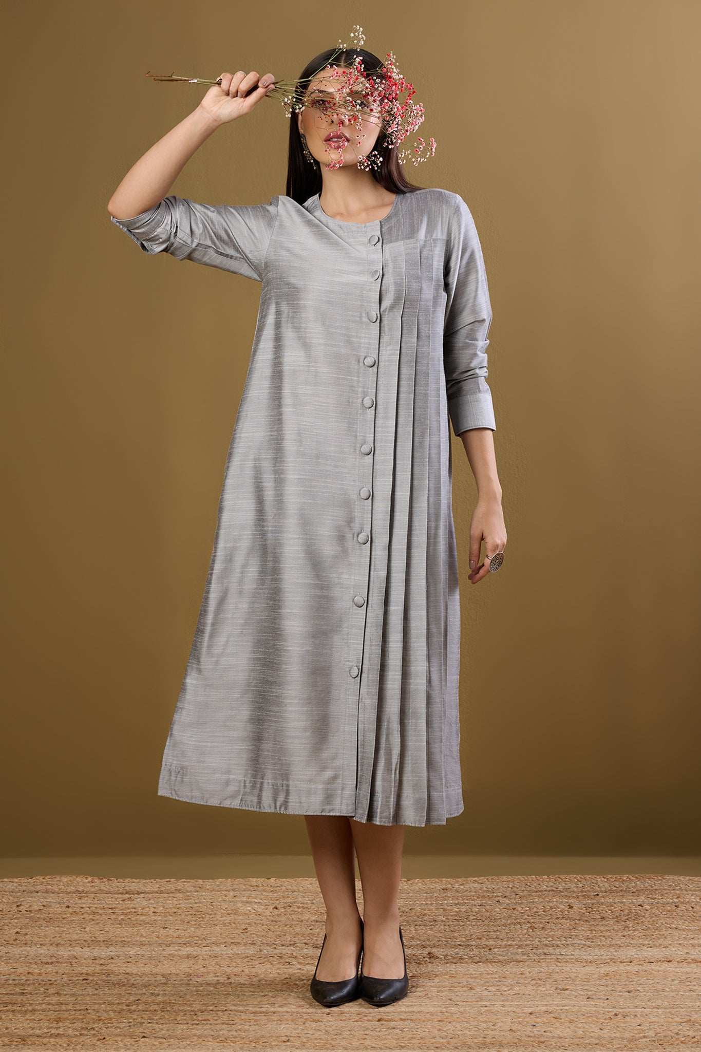 Maati Craft Moonlit Silver Silk Slub One Side Pleated Button Down Dress