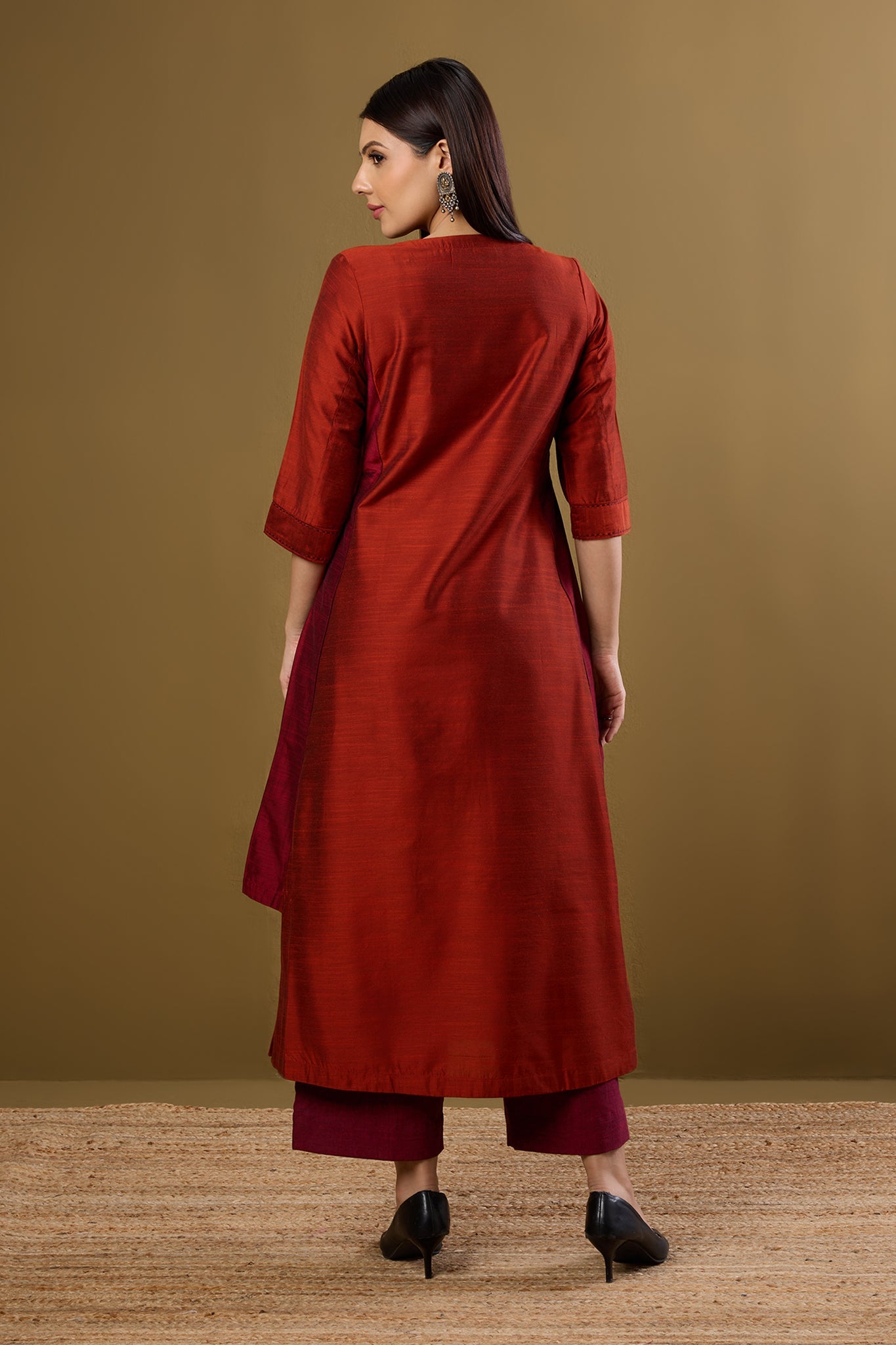 Maati Craft Copper Ember Silk Slub Long Kurta With Side Twist
