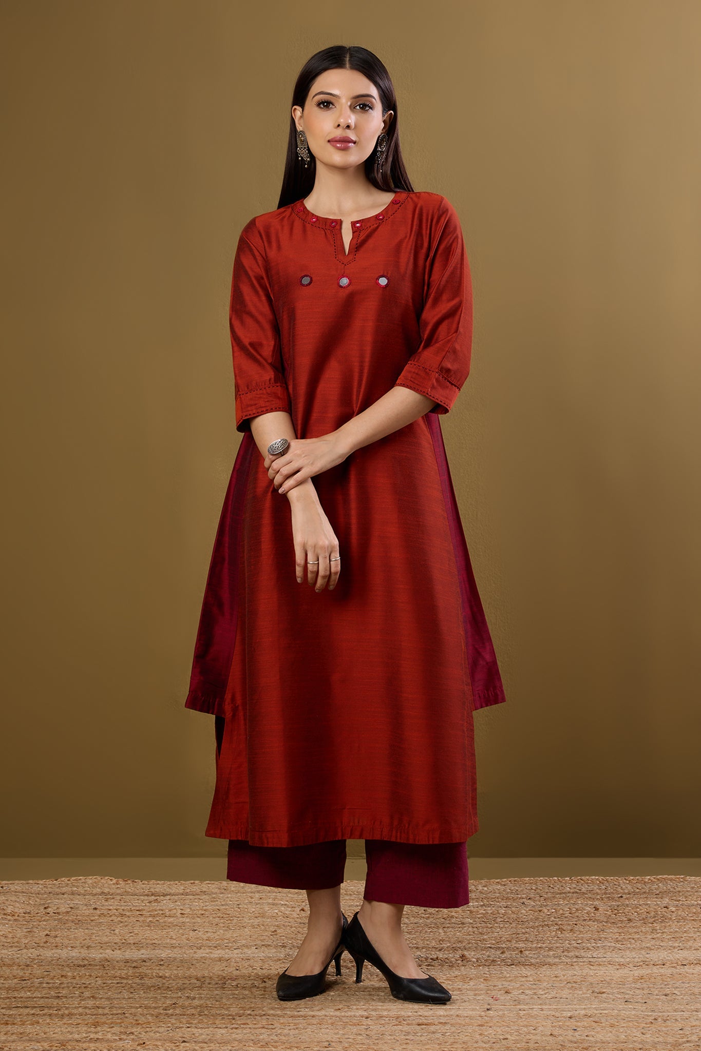 Maati Craft Copper Ember Silk Slub Long Kurta With Side Twist