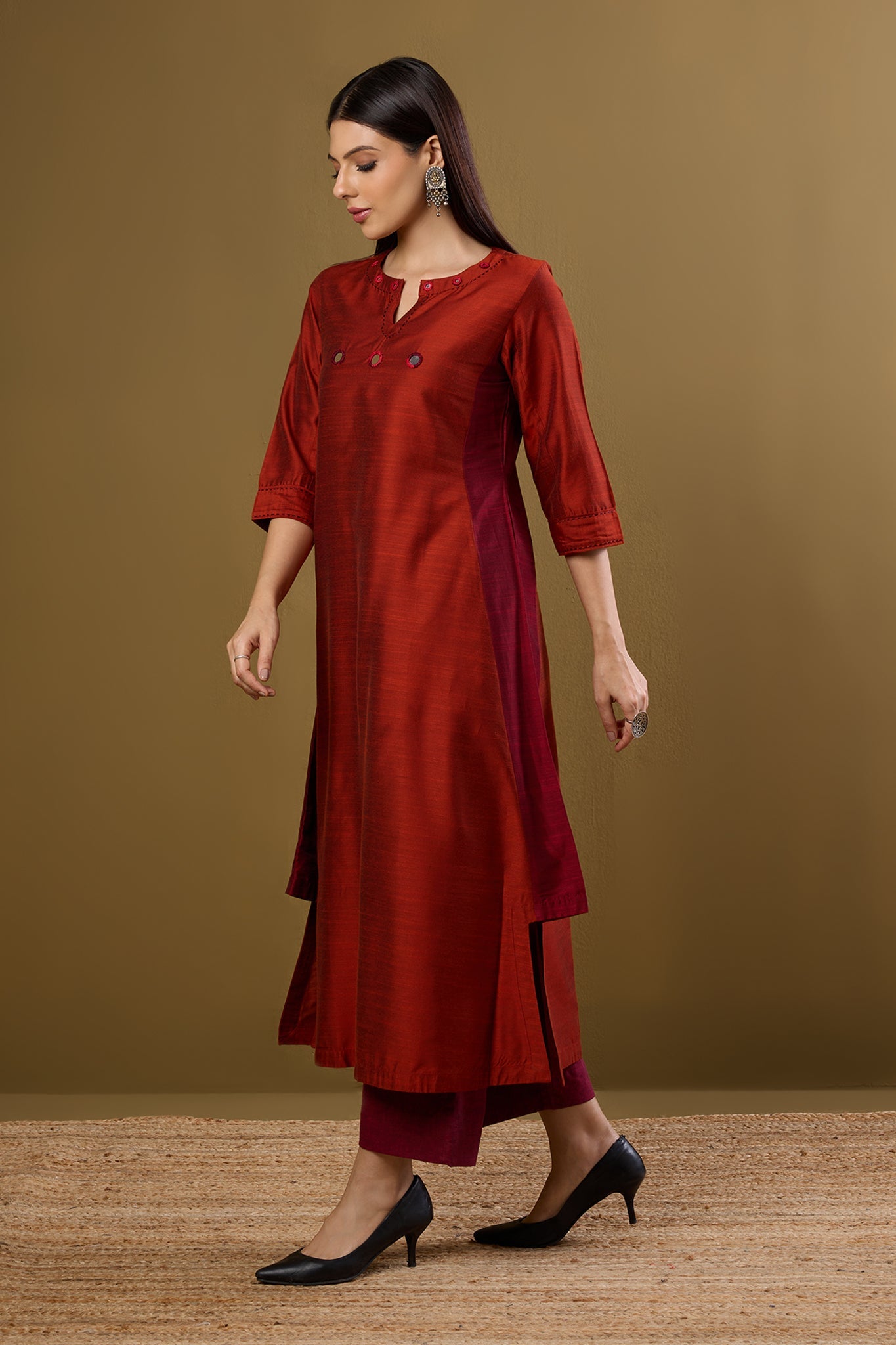 Maati Craft Copper Ember Silk Slub Long Kurta With Side Twist