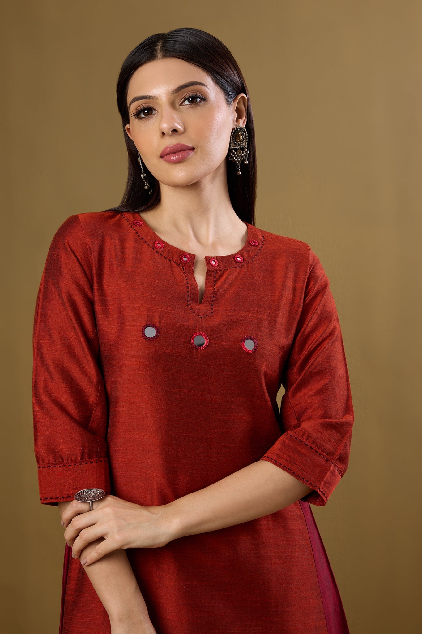 Maati Craft Copper Ember Silk Slub Long Kurta With Side Twist