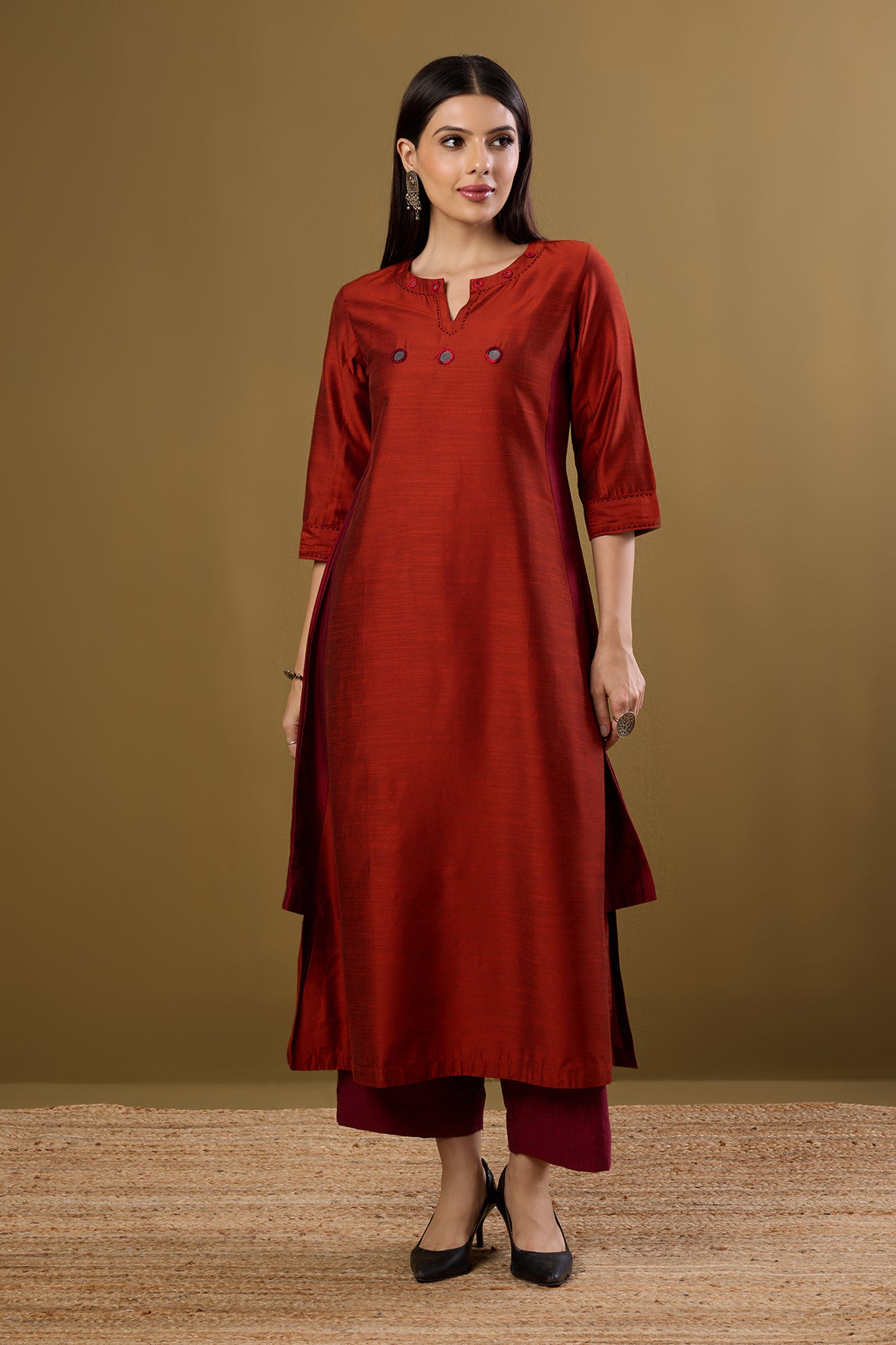 Maati Craft Copper Ember Silk Slub Long Kurta With Side Twist