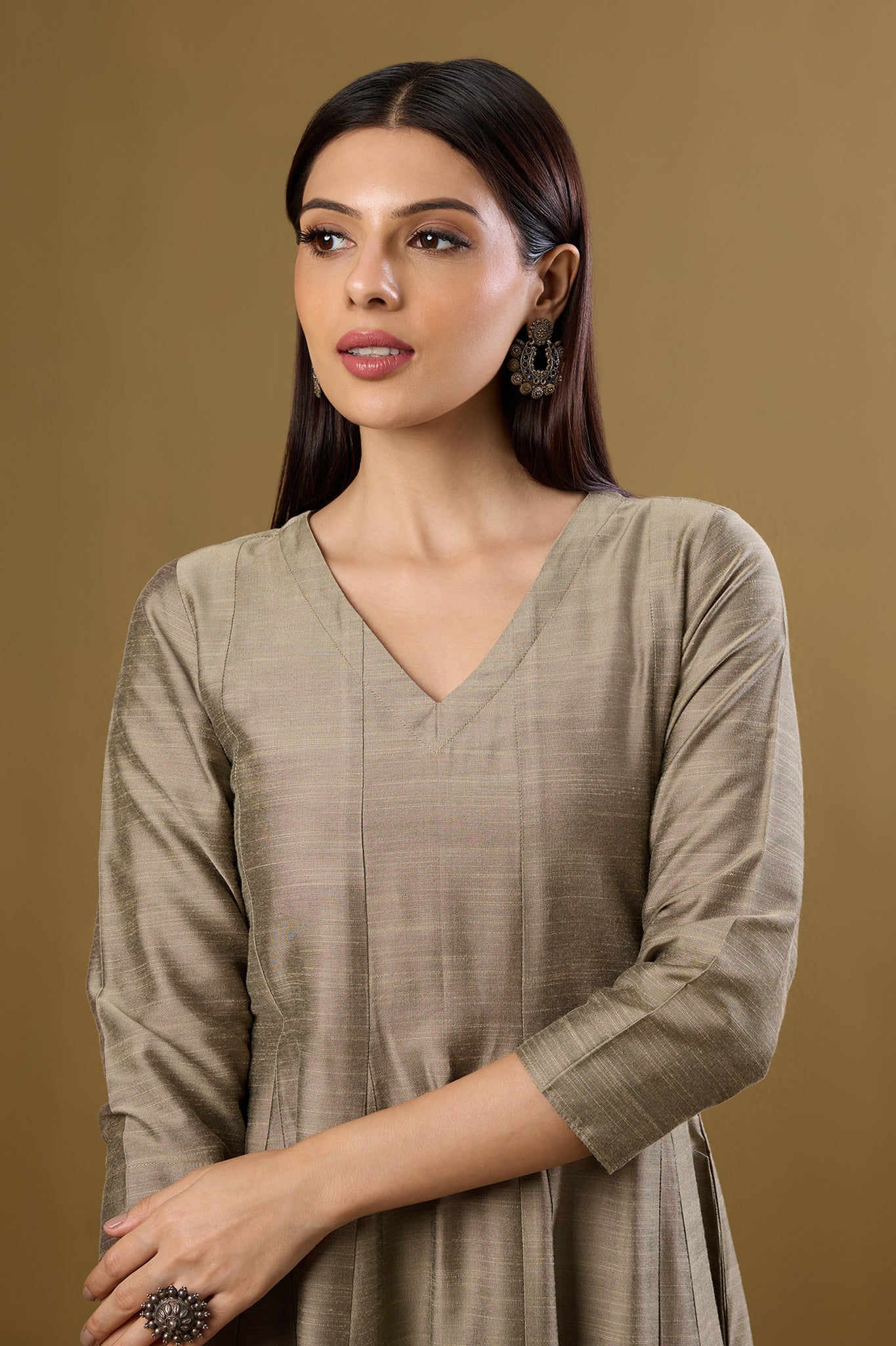 Maati Craft Twilight in Gold Luxe Silk Slub Long Maxi Dress with Sleeves