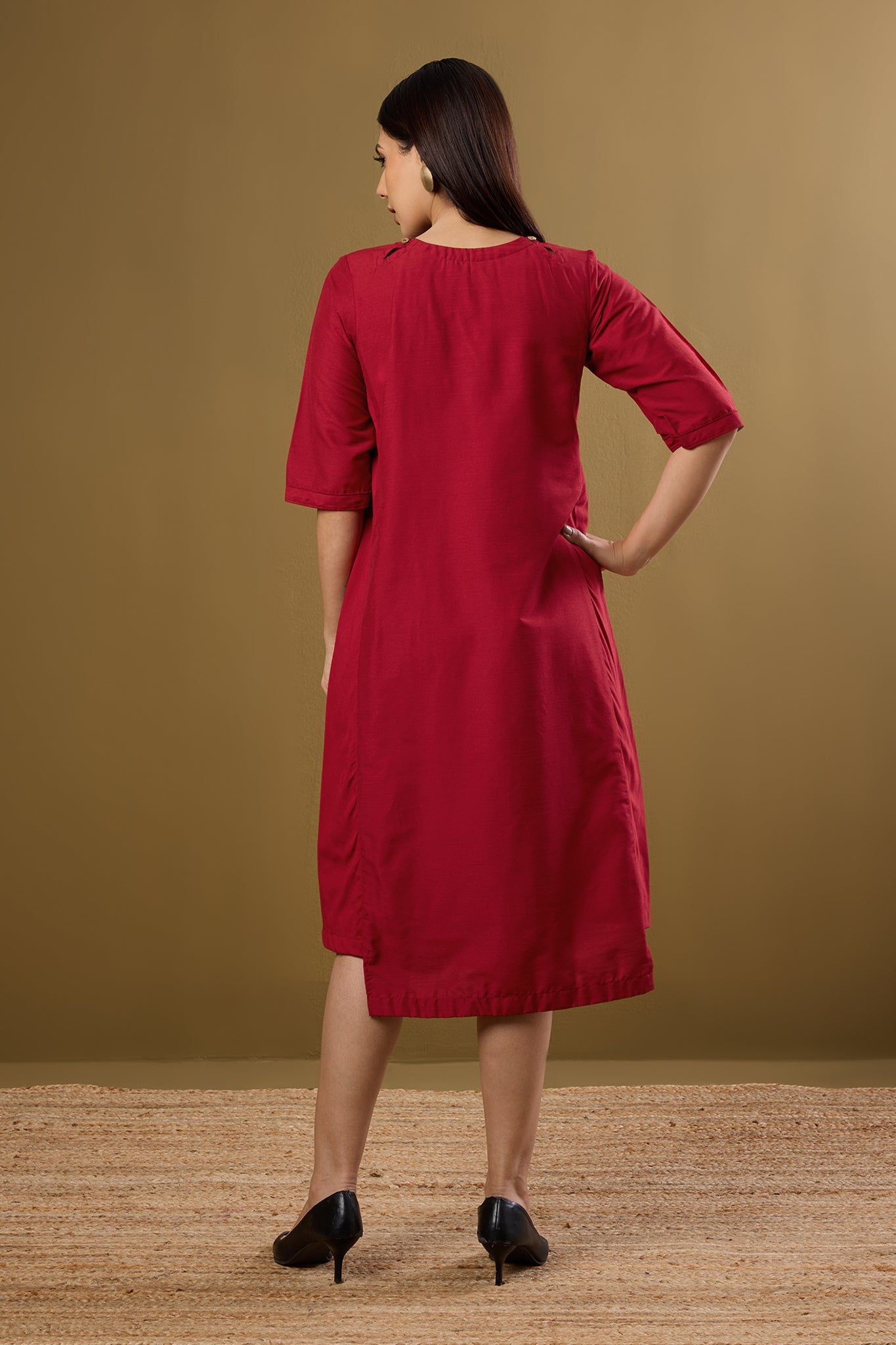 Maati Craft Cherry & Gold Mist Side Bias Shift Dress