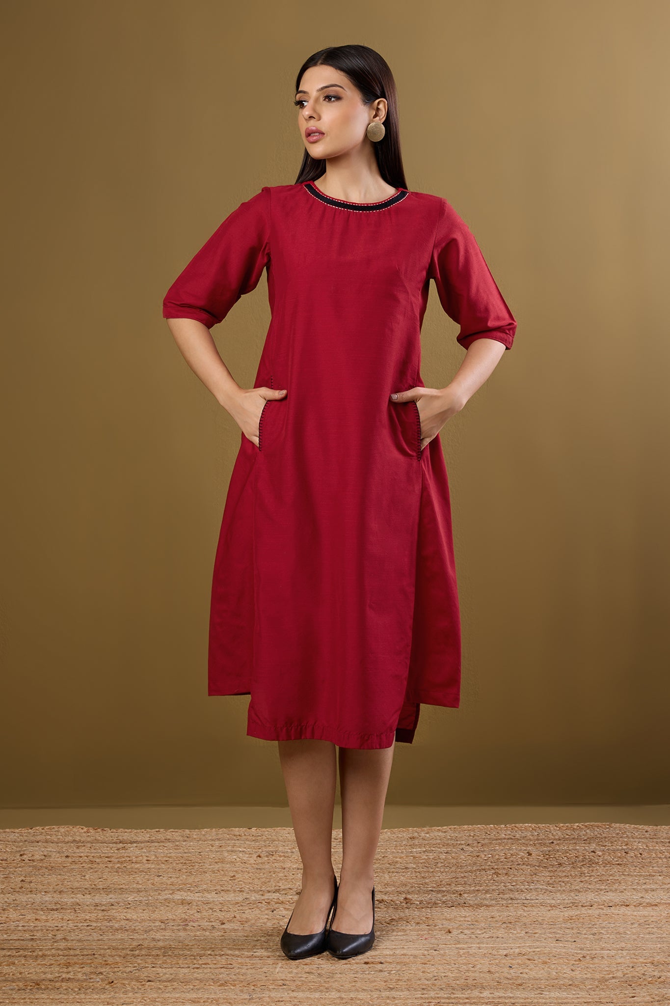 Maati Craft Cherry & Gold Mist Side Bias Shift Dress