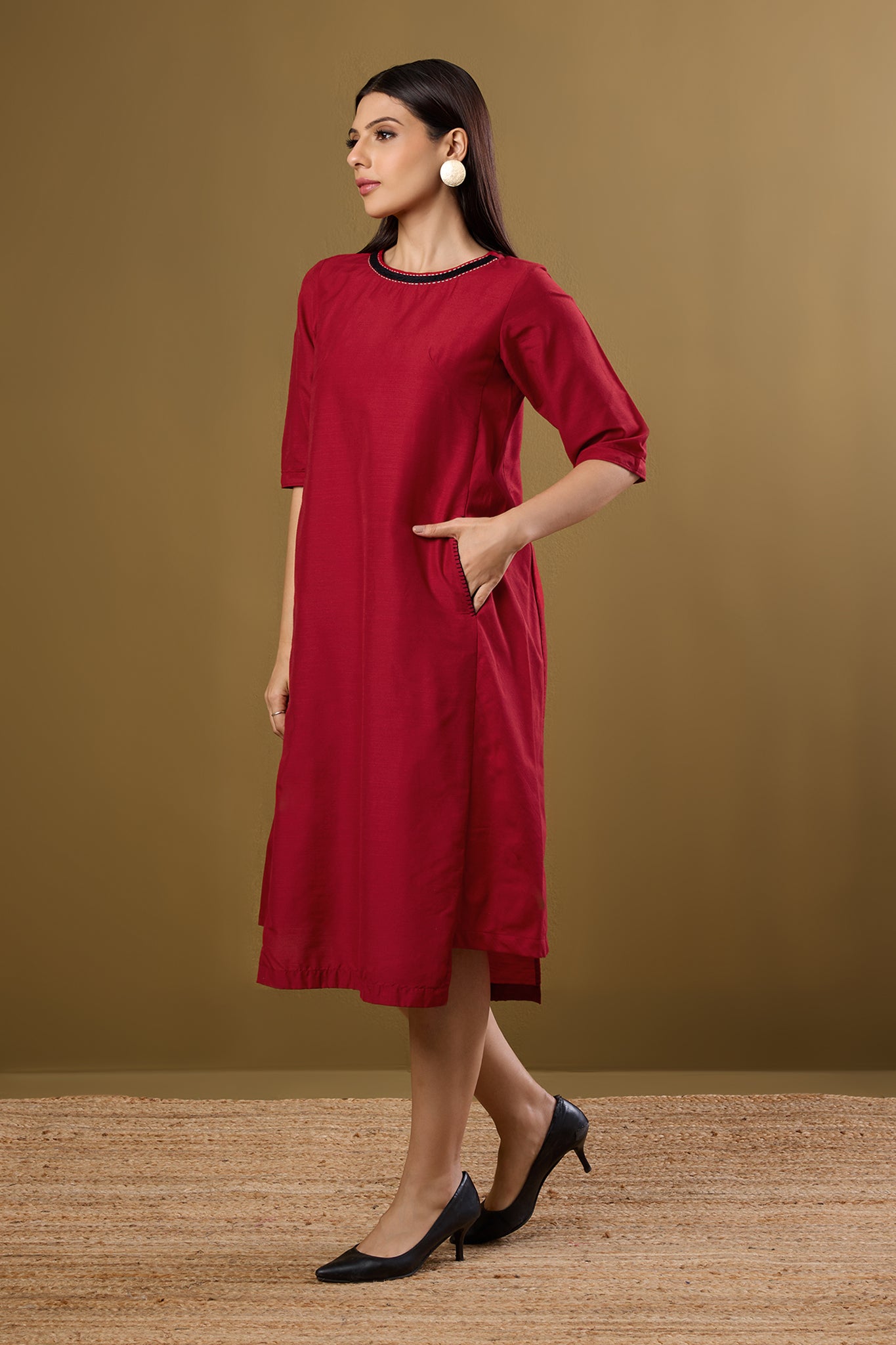 Maati Craft Cherry & Gold Mist Side Bias Shift Dress