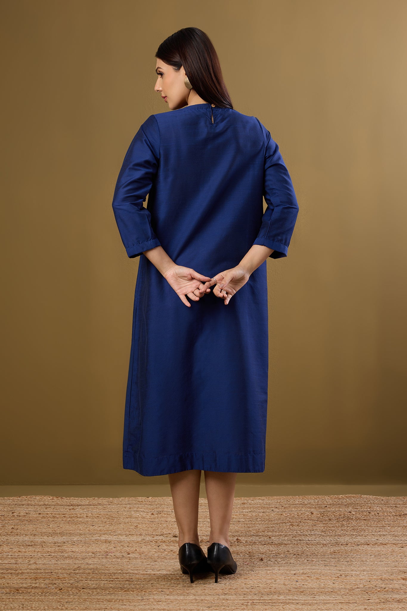 Maati Craft Midnight Tides Silk Slub A-Line Dress with Patch Pocket