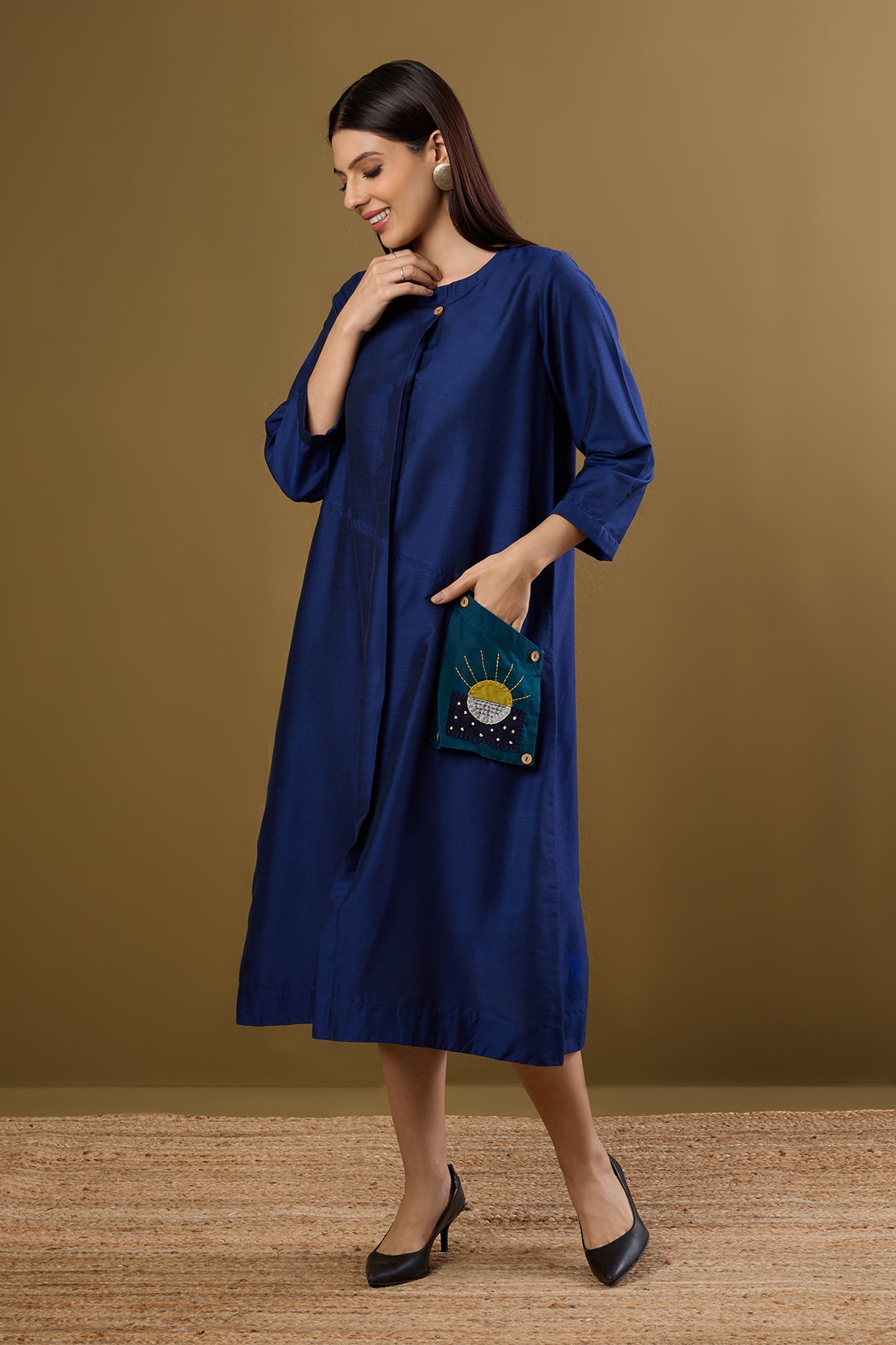 Maati Craft Midnight Tides Silk Slub A-Line Dress with Patch Pocket