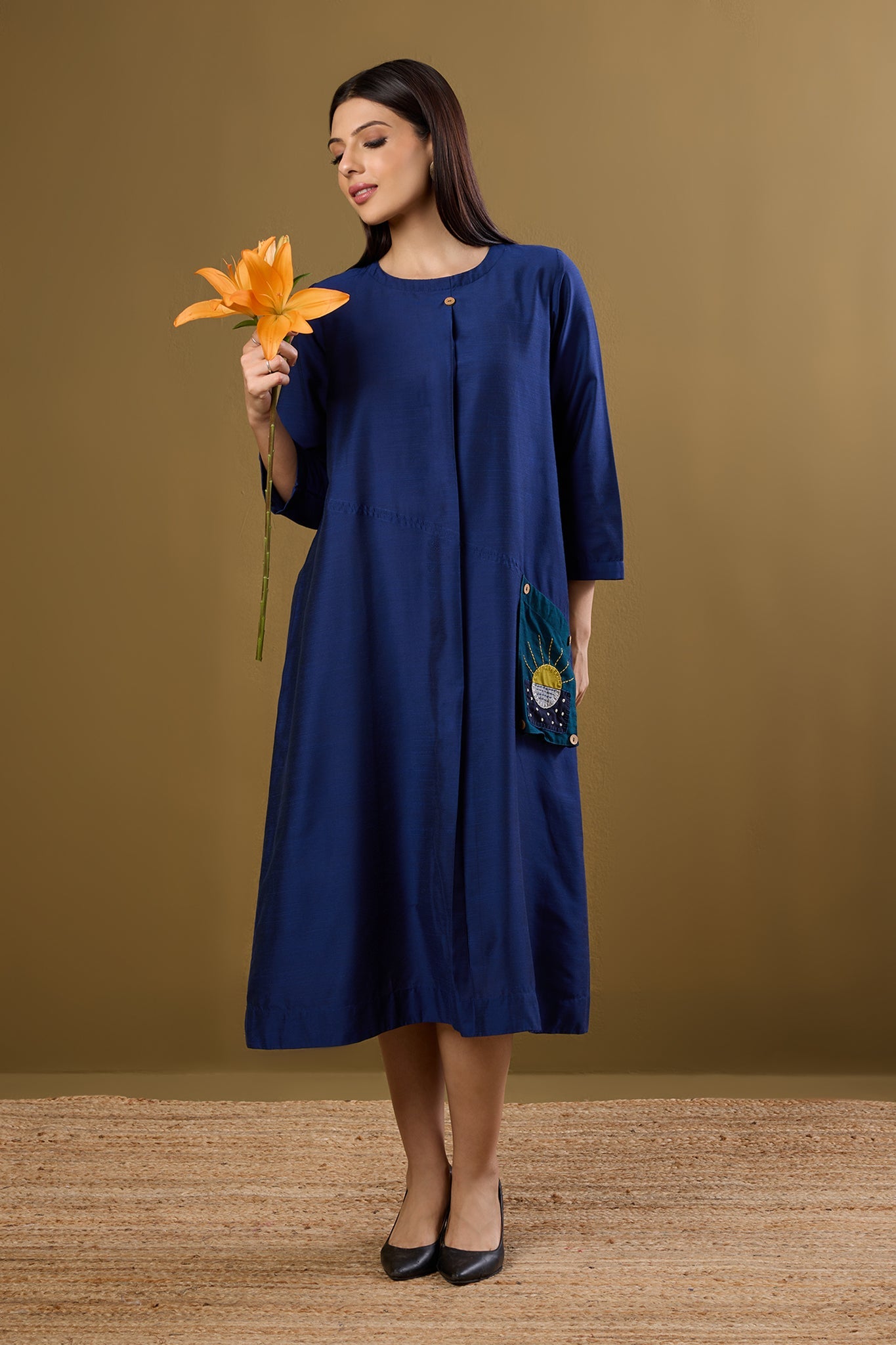 Maati Craft Midnight Tides Silk Slub A-Line Dress with Patch Pocket