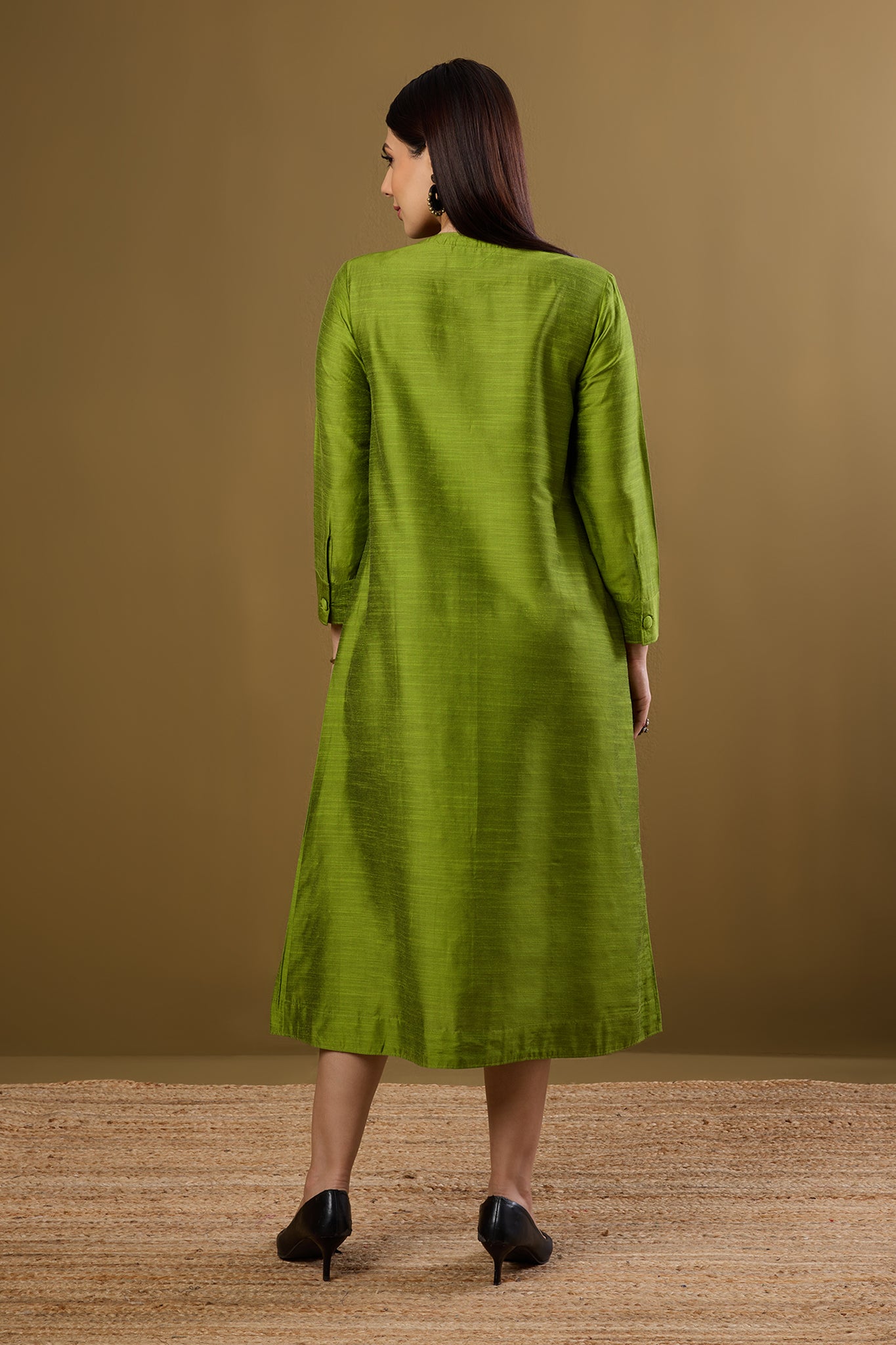 Maati Craft Forest Spice Silk Slub One Side Pleated Button Down Dress