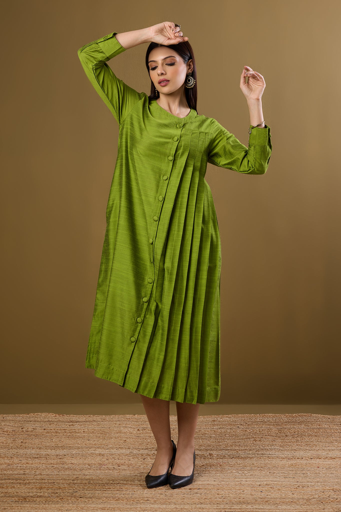 Maati Craft Forest Spice Silk Slub One Side Pleated Button Down Dress