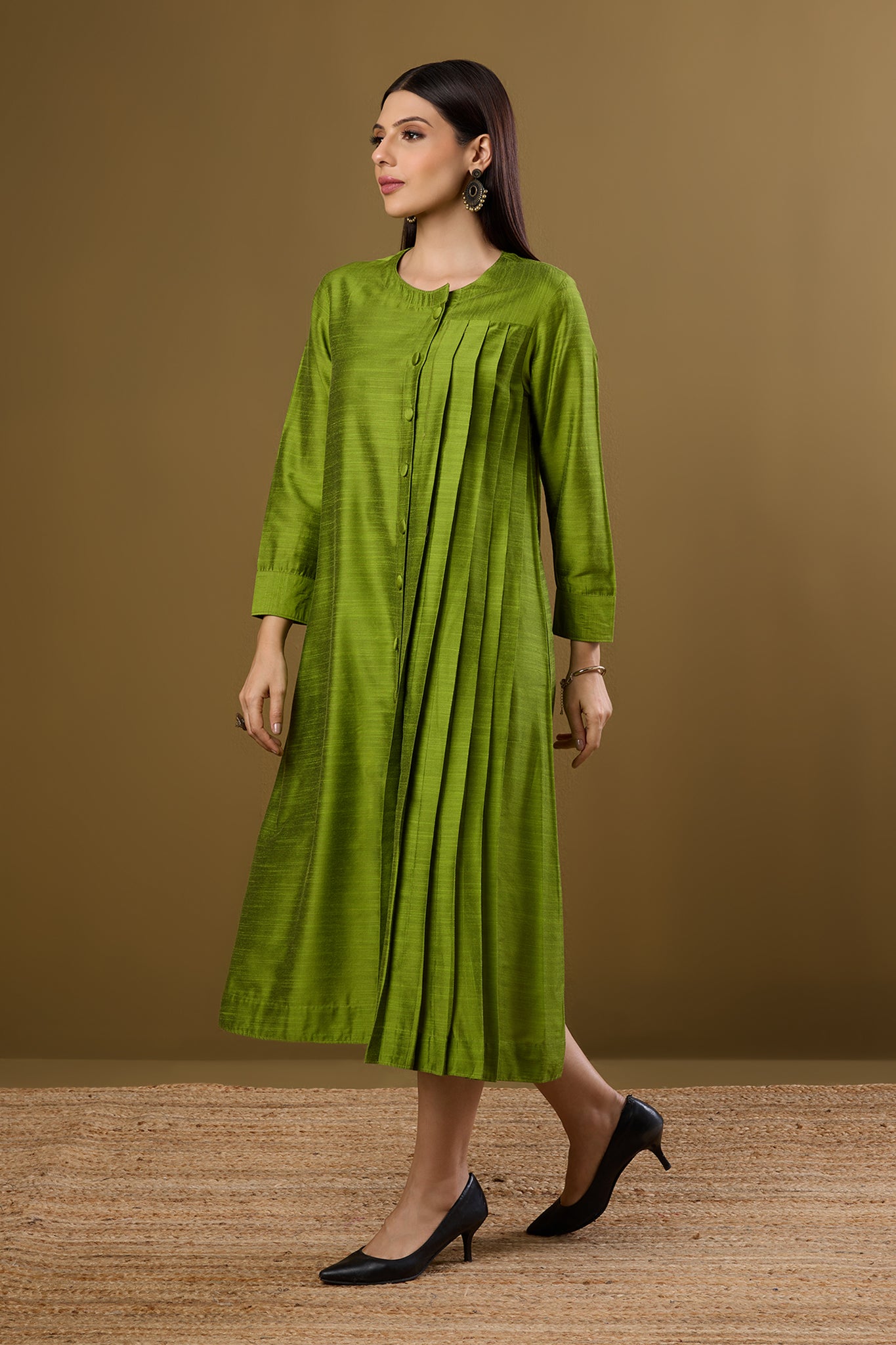 Maati Craft Forest Spice Silk Slub One Side Pleated Button Down Dress