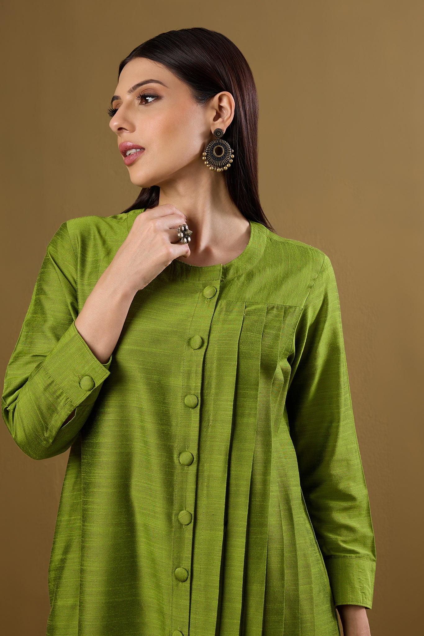 Maati Craft Forest Spice Silk Slub One Side Pleated Button Down Dress