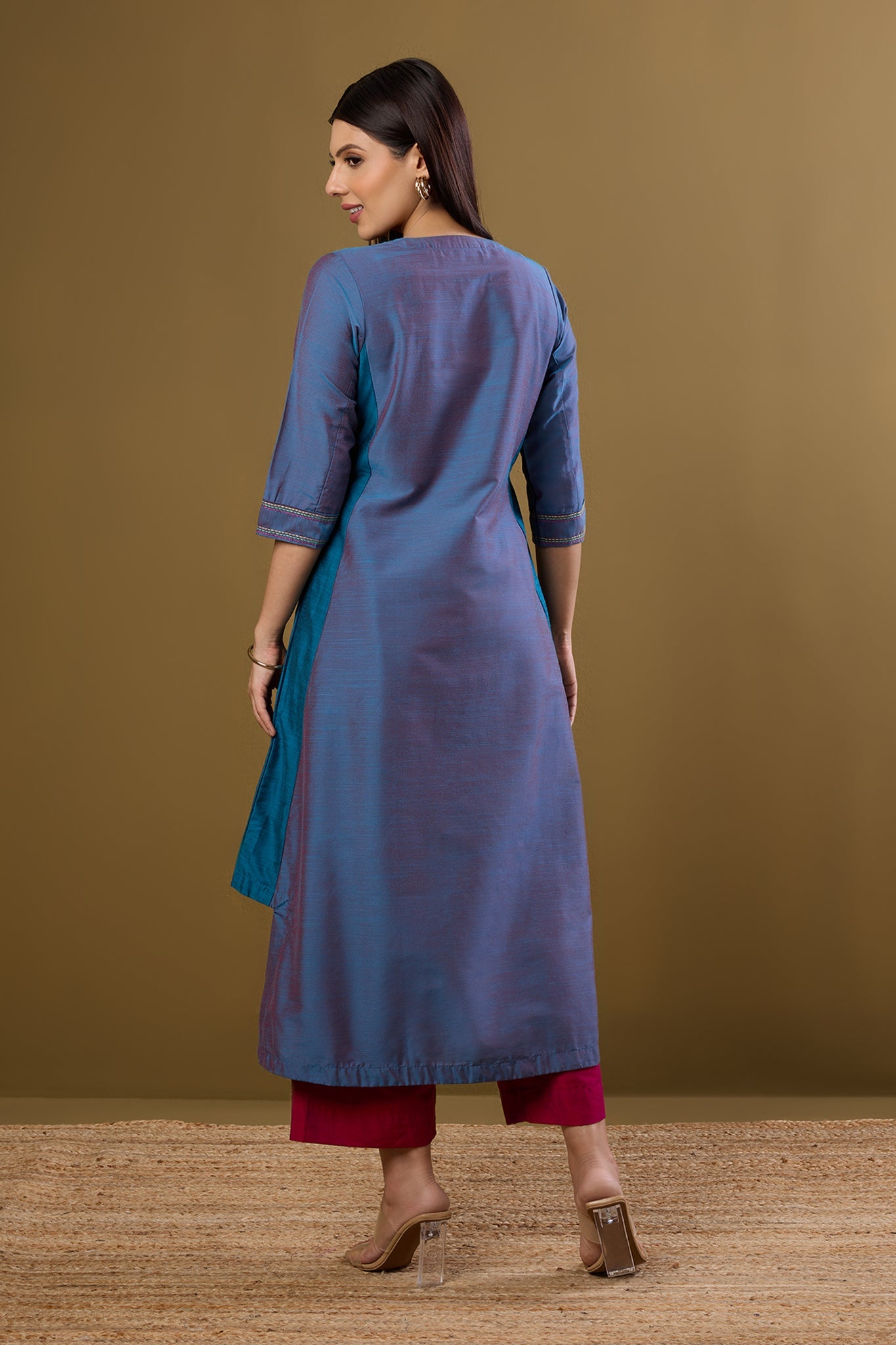 Maati Craft Afterglow in Indigo Silk Slub Long Kurta With Side Twist