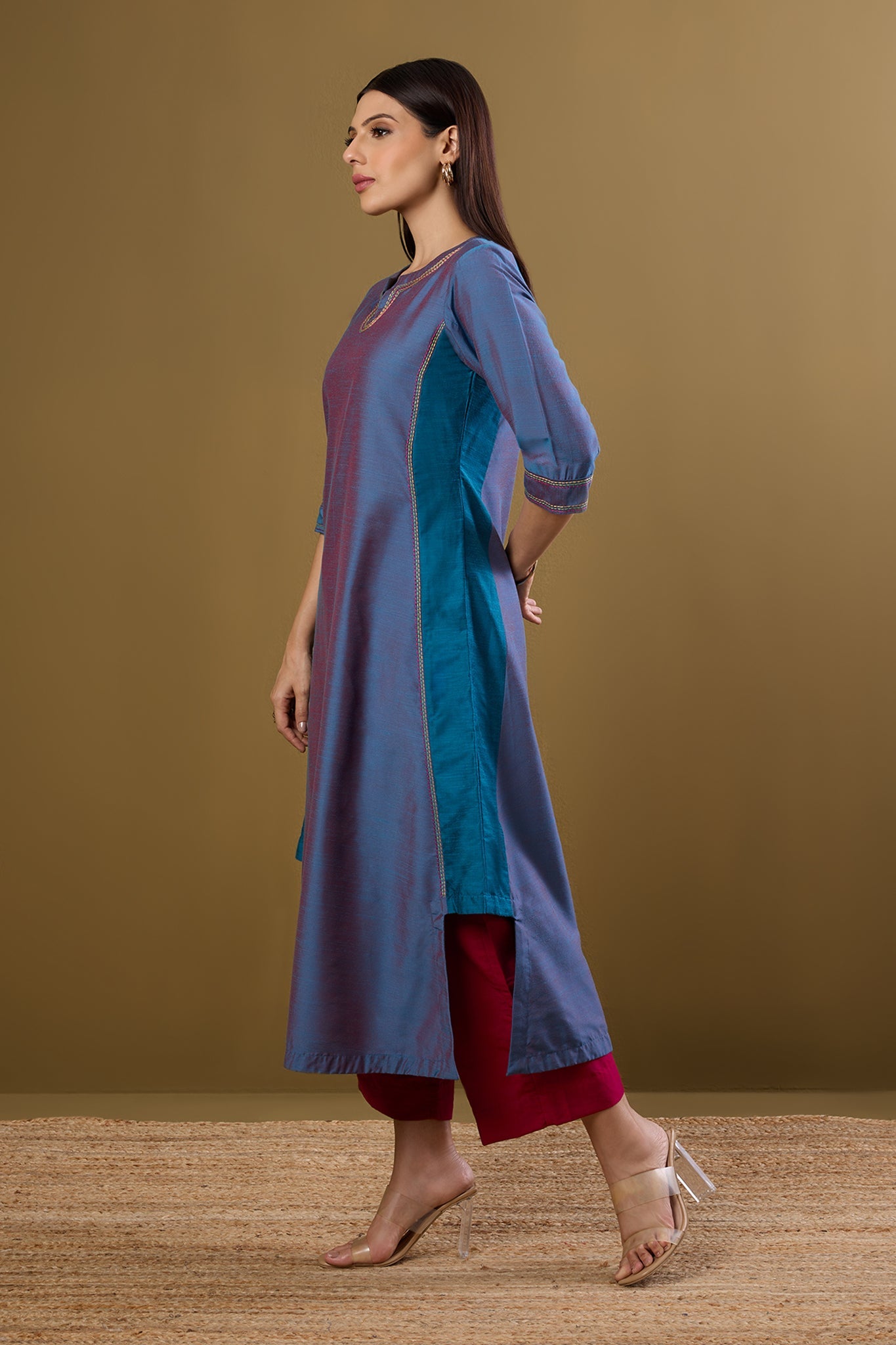 Maati Craft Afterglow in Indigo Silk Slub Long Kurta With Side Twist