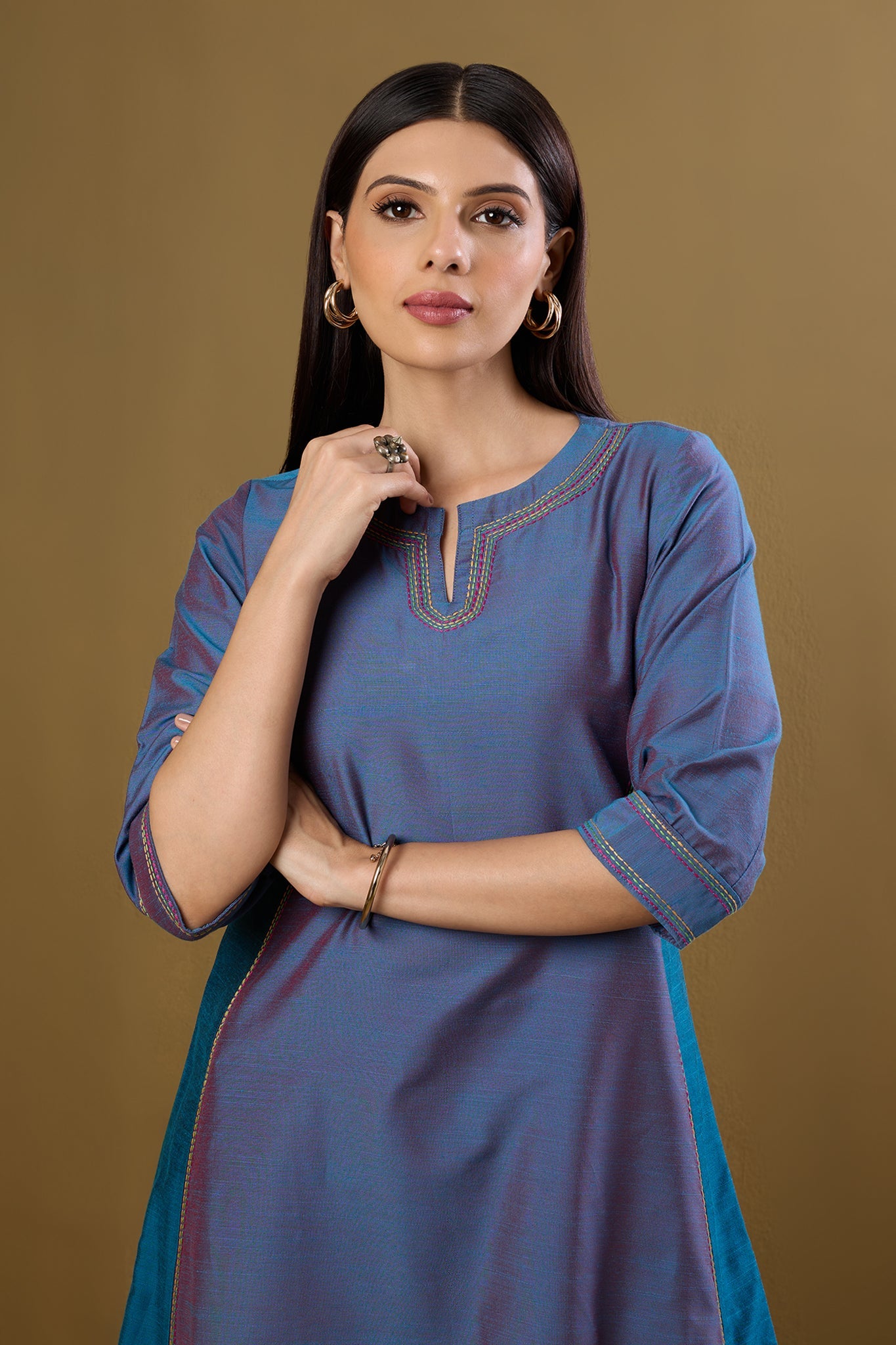 Maati Craft Afterglow in Indigo Silk Slub Long Kurta With Side Twist