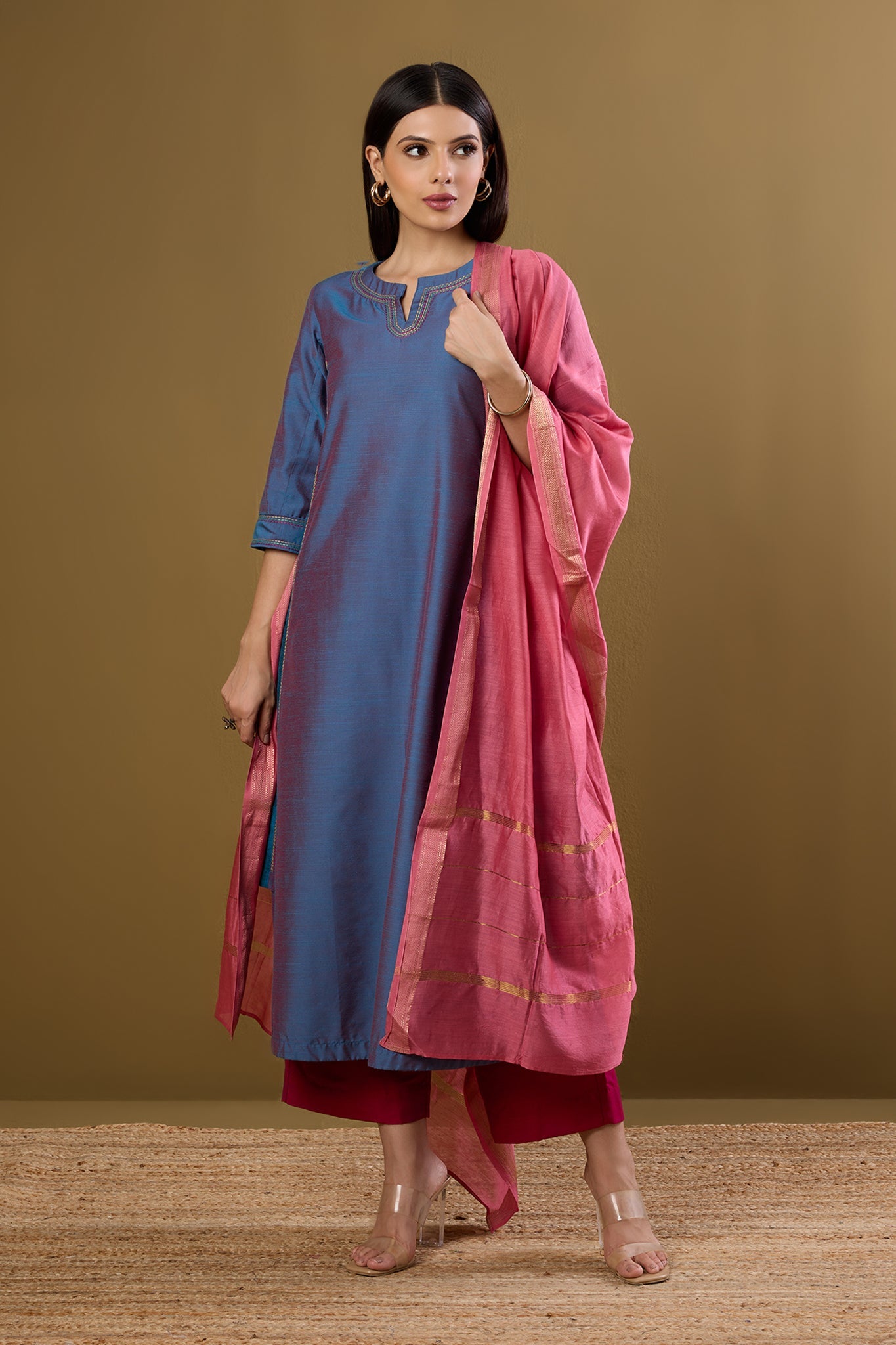 Maati Craft Afterglow in Indigo Silk Slub Long Kurta With Side Twist