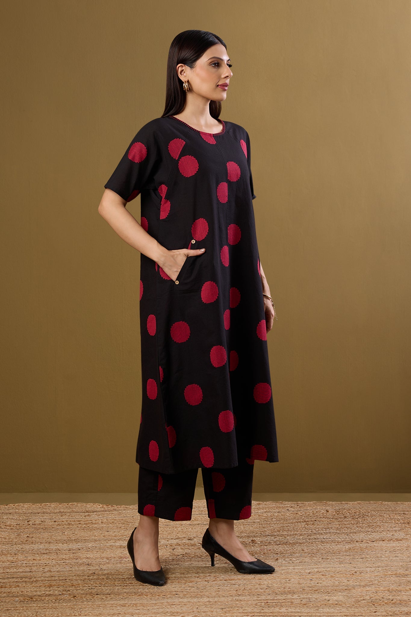 Maati Craft Co-ord set Noir Ruby Dots drop shoulder tunic & pants (set of 2)